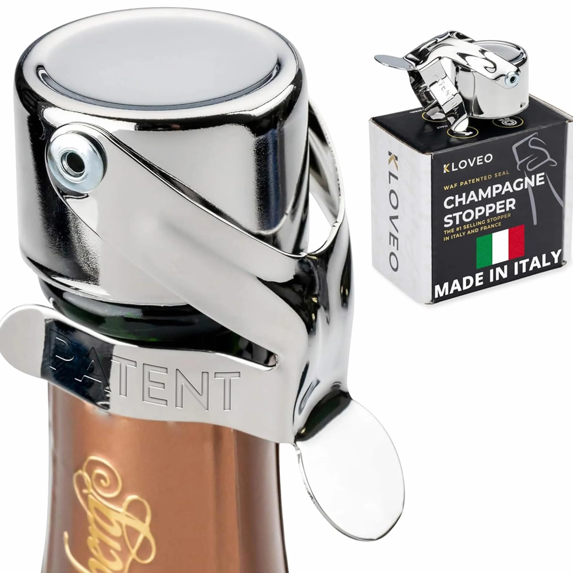 Tappo per Champagne Kloveo - Tappo per Bottiglie WAF Professionale per Champagne, Cava, Prosecco, e Spumante - Tenuta Brevettata (Senza Pompa a Pressione) - Prodotto in Italia