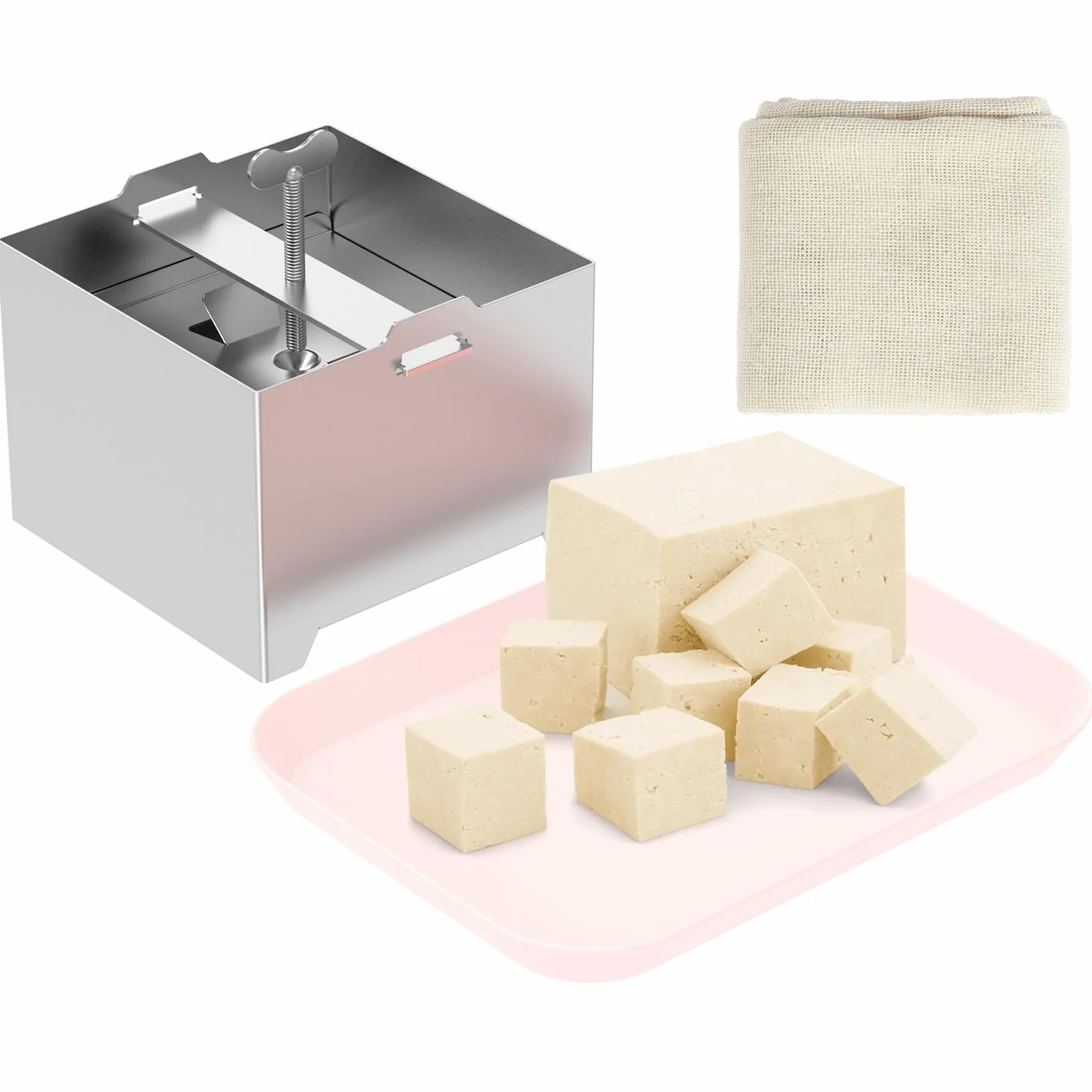 Tofupresse in Acciaio Inox 500g Paneer Maker con Regolazione della Pressione e 1 Ciotola 1 Panno da Formaggio per Tofu Paneer Fatto in Casa(500g)