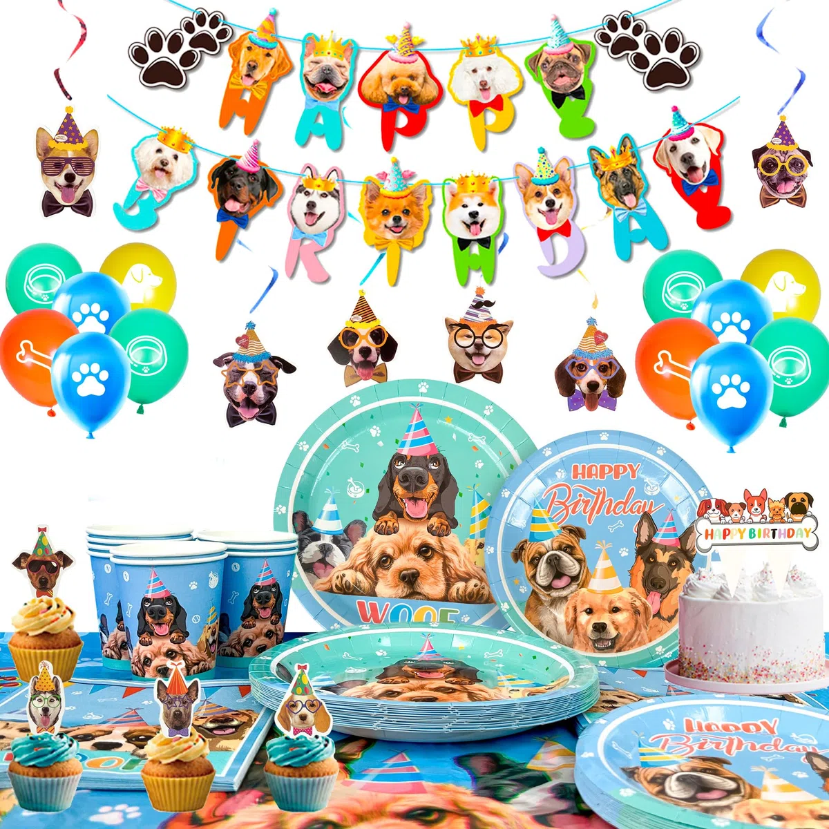 Festa di Compleanno di Tema del Cane,16ospiti Decorazione Stoviglie per Feste Cane Striscione Compleanno Palloncini Piatti Tovaglioli Tovaglia etc Forniture per Feste di cucciolo