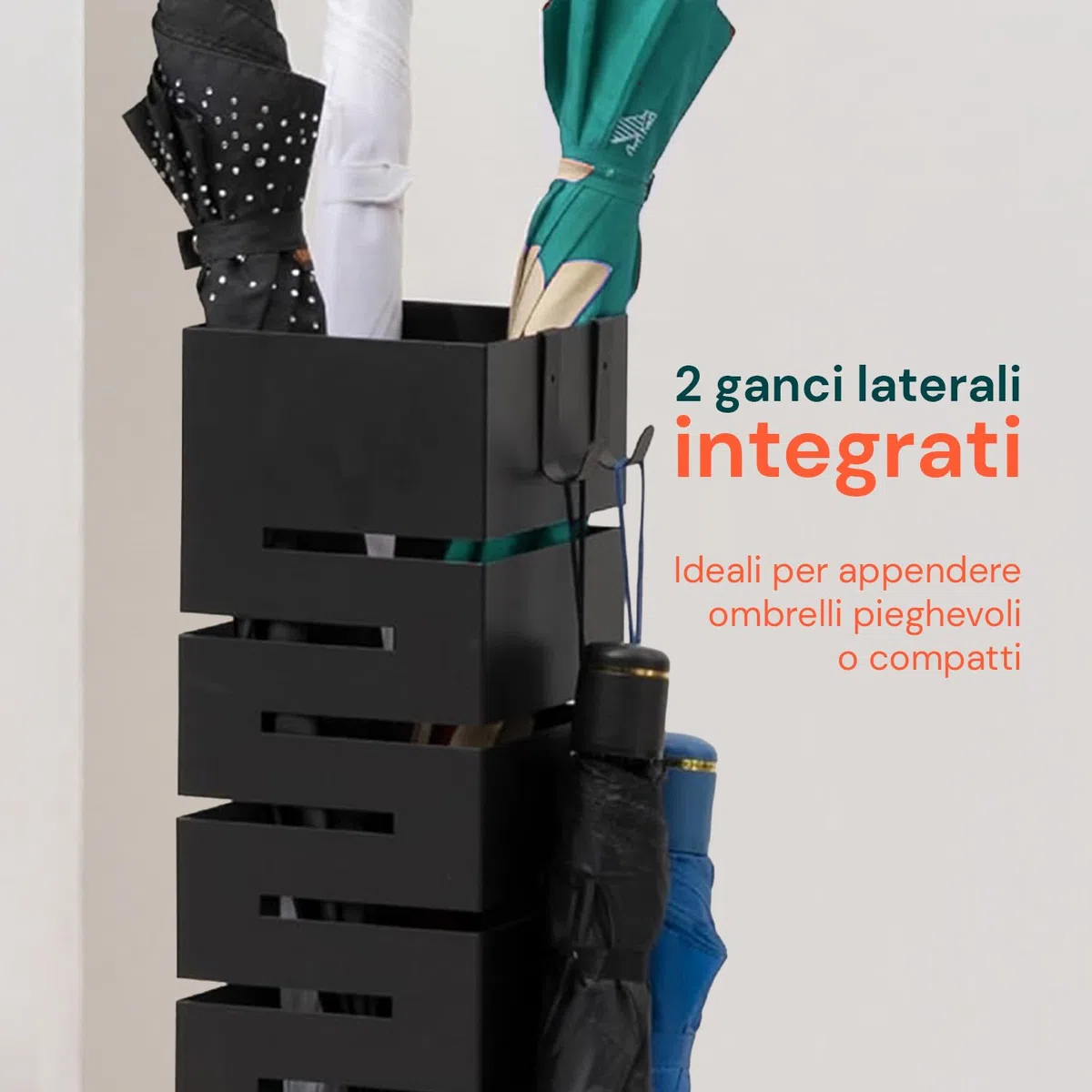 Avilia Portaombrelli da Interno Metallo Nero – Porta Ombrelli con Vaschetta Raccogligocce e 2 Ganci, Portaombrelli da Esterno 10 Ombrelli, Design Moderno per Ingresso Casa e Ufficio