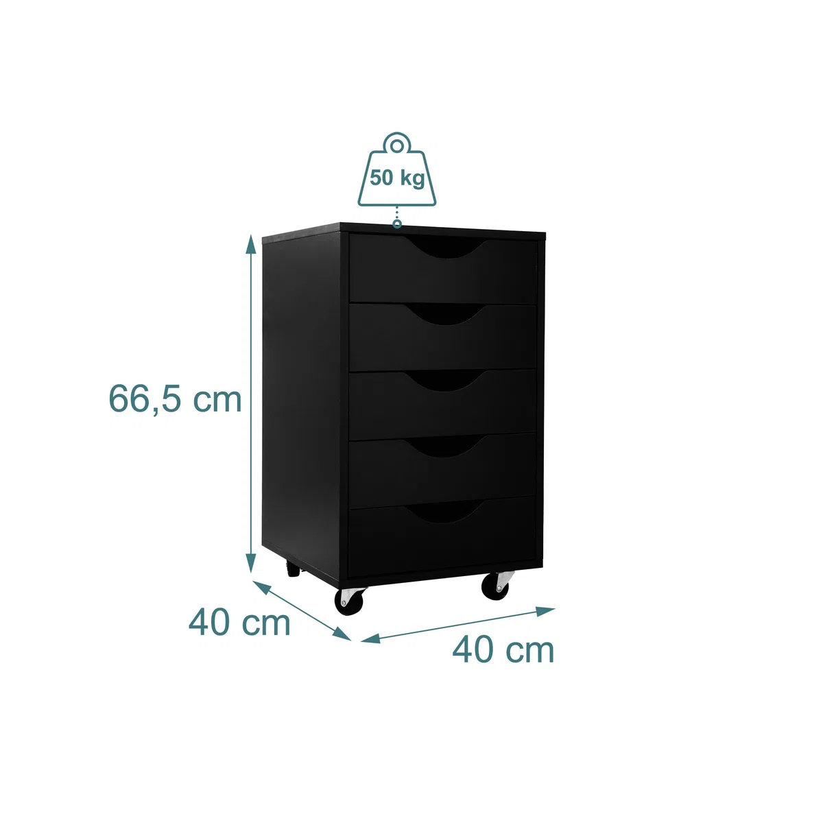 Relaxdays cassettiera su Ruote con 5 cassetti, 66,5x40x40 cm, Contenitore per scrivania, Nero