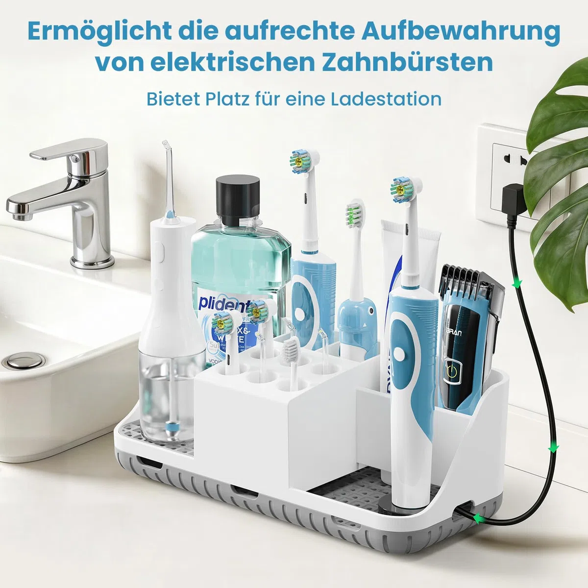 Grande Porta Spazzolino con Passacavi Nascosto e Scarico, Organizer da Bagno Rimovibile con 11 Scompartimenti per Spazzolini Elettrici, Testine di Spazzolino, Dentifricio e Irrigatore Orale