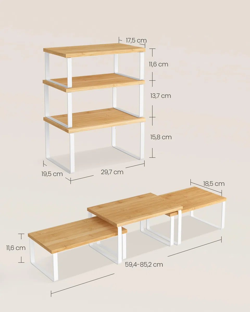 SONGMICS Organizzatori Armadio da Cucina, Set di 3 Scaffali da Banco, Impilabili, Portaspezie Espandibile, in Metallo e Legno Ingegnerizzato, Bianco Nuvola e Beige Naturale KCS014YL02