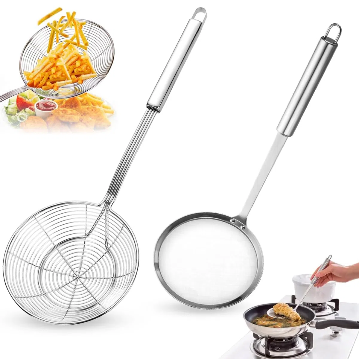 Mestolo per ragnatela in acciaio inox, colino per friggere, colino in acciaio inox, colino in schiuma, setaccio, stufatura e creazione. Diametro (14 cm e spatola per schiuma)
