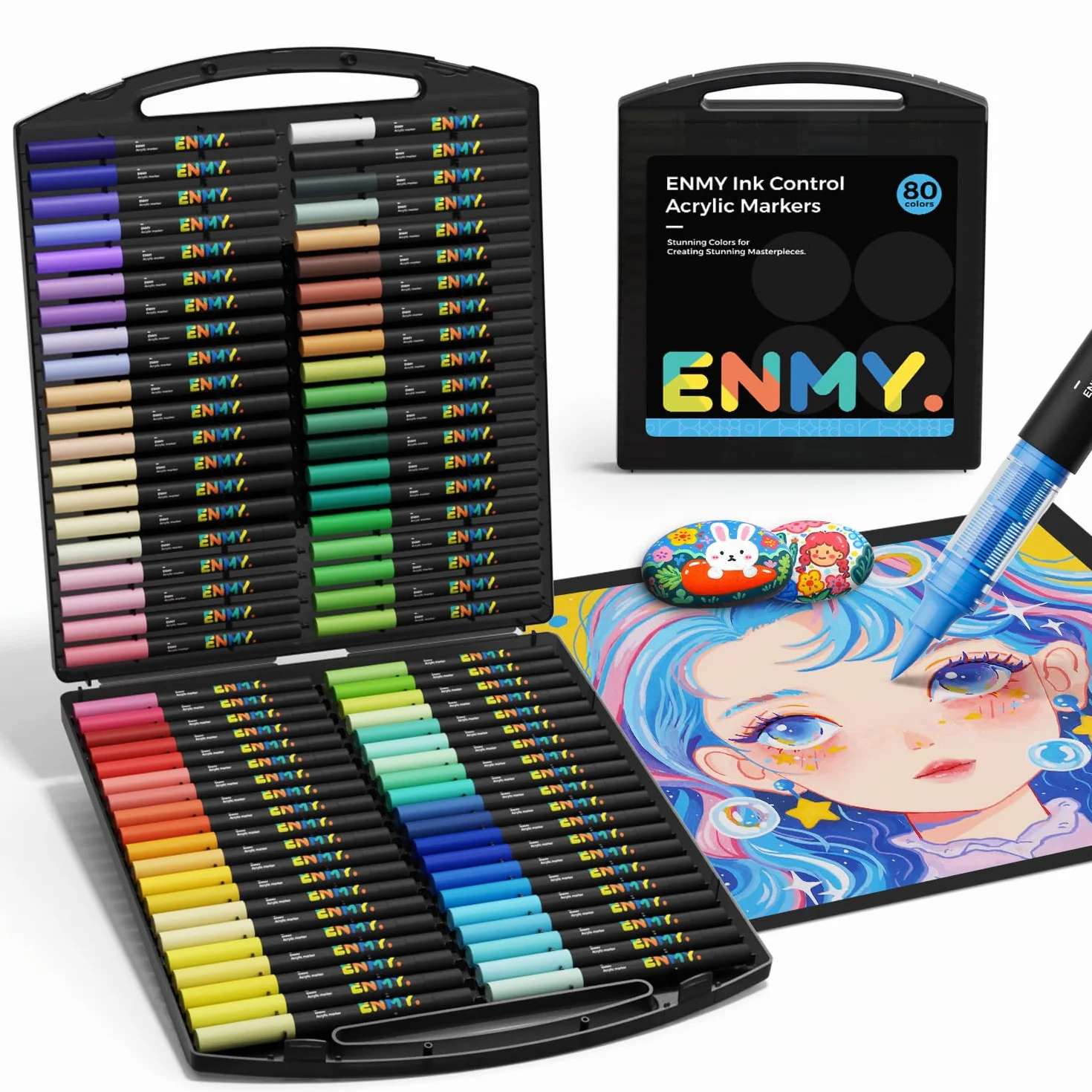 ENMY 80 Colori Pennarelli Acrilici, Penna da Pittura Acrilica Liquida Diretta, Pennarelli per Tessuti per Tessile, Tela, Roccia, Vetro, Legno, Carta, Fai da Te, Penne da Colorare Acriliche per