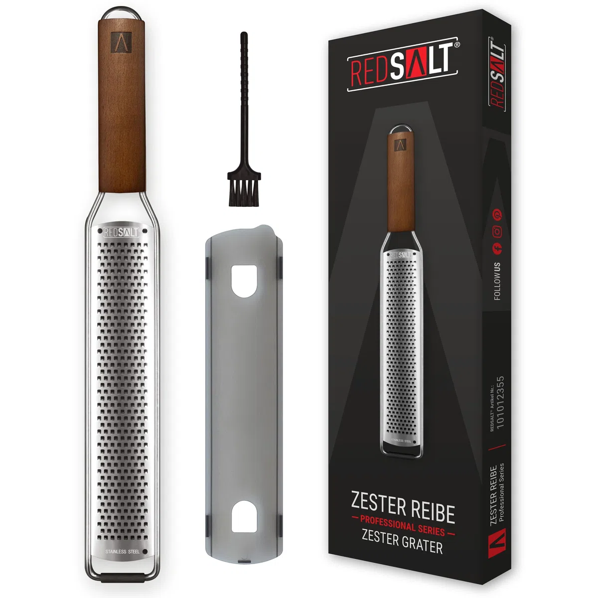 REDSALT Premium Zester grattugia in acciaio inox con manico in legno e piedini in gomma per la cucina, ideale per limoni, zenzero, carote, verdure, parmigiano, formaggio | affettatrice professionale