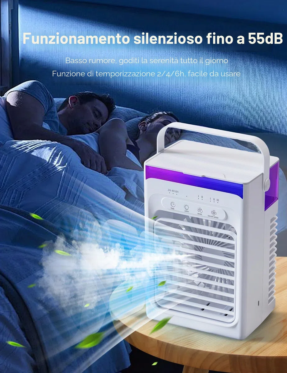 Mini Condizionatore Portatile, Ventilatore con Ghiaccio, 1000 ML Raffrescatore d'Aria con Doppio Motore, 3 Velocità, Nebbia Fredda, Timer 2/4/6H, Luci LED, per Casa, Ufficio (Bianco‌)