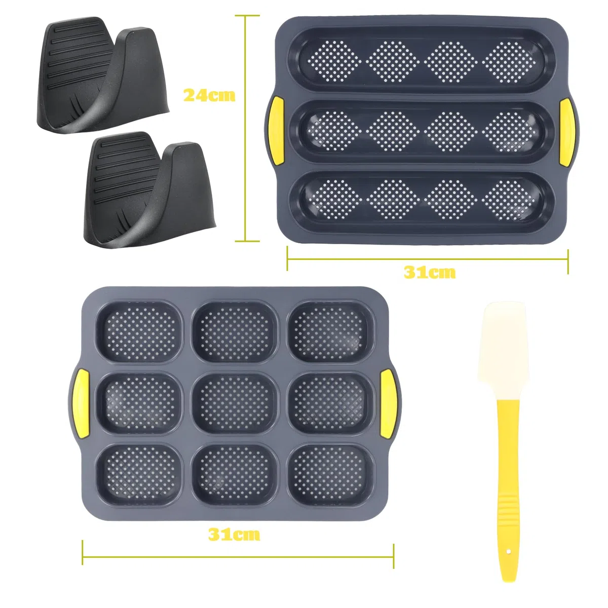 2 Teglie da Forno per Baguette, Stampo per Baguette, con 2 Pinze Isolanti e 1 Spatola in Silicone per Pane, Torte, Muffin,Silicone