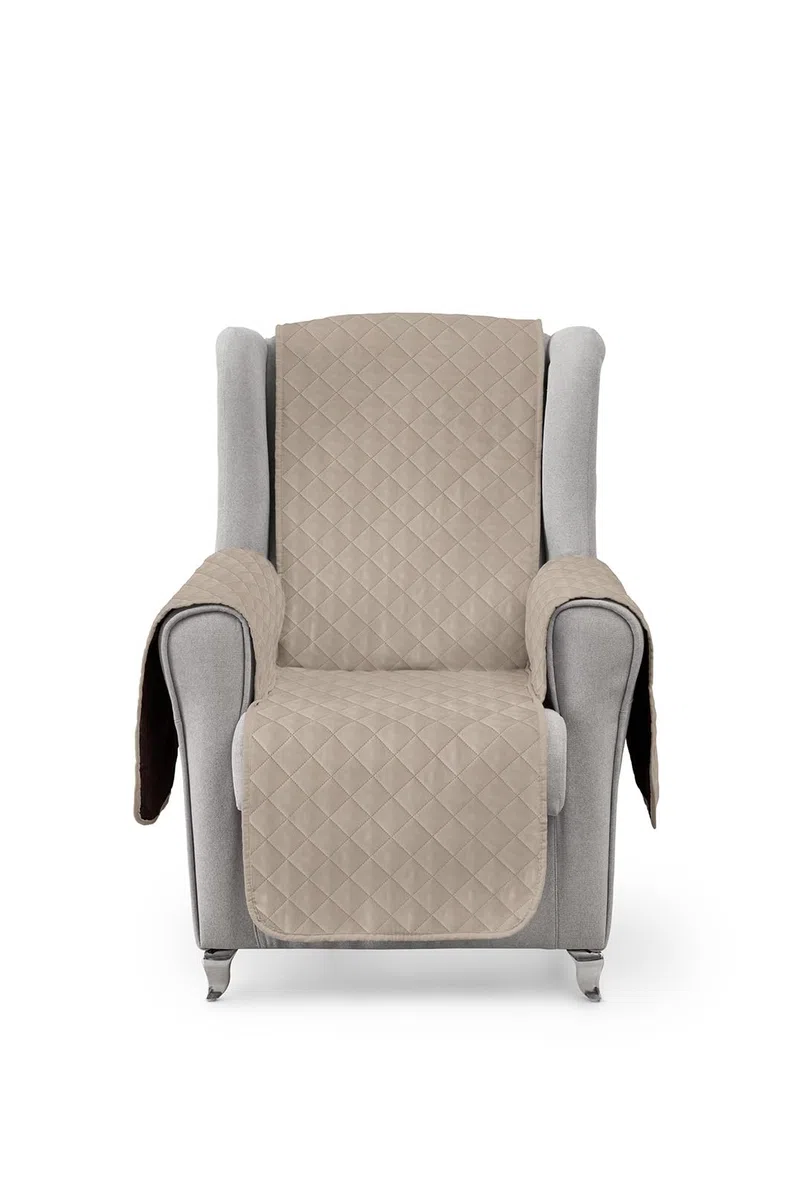 textil-home Copripoltrona 1 Posto con Braccioli LUKA, Poltrona Relax Reclinabile e Orecchie Imbottito - Misura 55 cm. SalvaDivano Reversibile. Beige