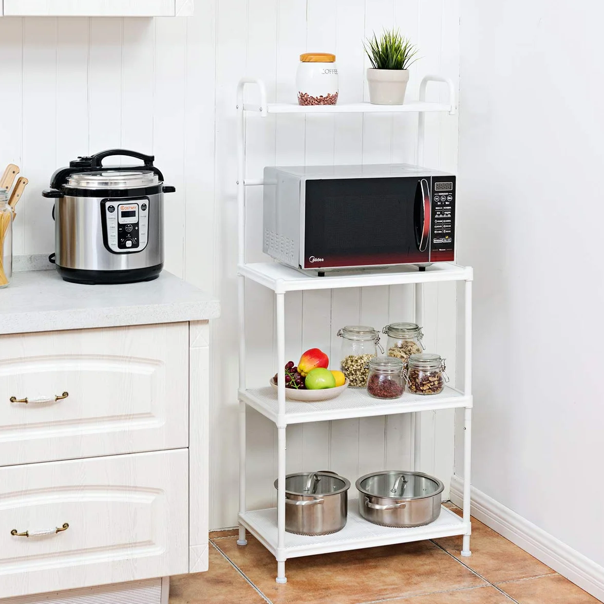 KOMFOTTEU Mensola da Cucina a 4 Livelli in Metallo, con 4 Piedini Antiscivolo, 60 x 34,5 x 136 cm, Supporto per Forno a Microonde, Scaffale Multifunzionale per Cucina e Sala da Pranzo (Bianco)
