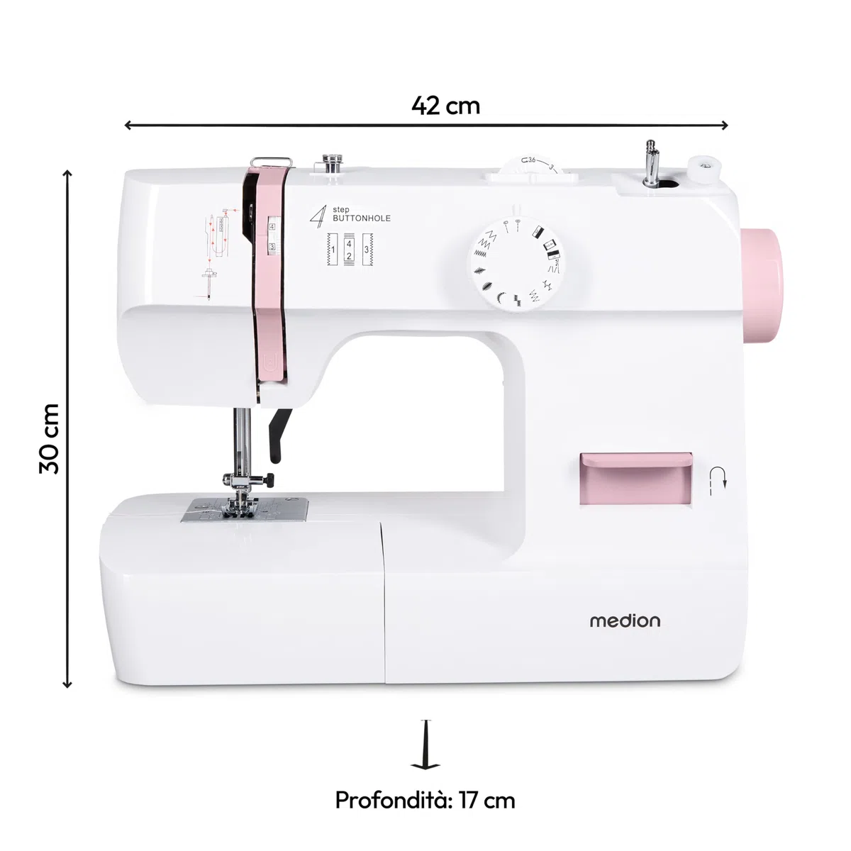 MEDION Macchina per cucire SM70 (70 watt, 12 diversi modelli di punto, luce di cucitura a LED, lunghezza del punto regolabile, pulsante di inversione, tagliafilo, MD11179) rosa