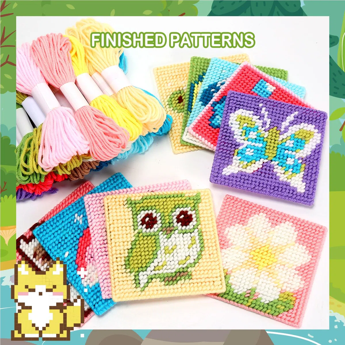 Pllieay Kit per Principianti di Punto Croce Bambini, Kit di Ricamo per Principianti Include 10 Pezzi di Tela in Plastica con Diversi Motivi, 14 Fili Colorati, Istruzioni e Scatola Colorata.