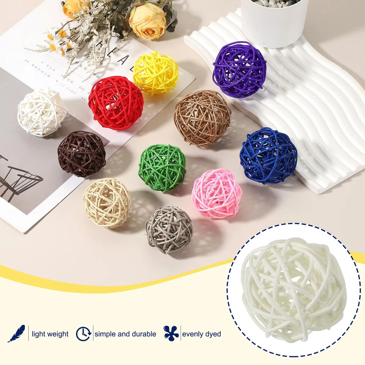 QUARKZMAN 12 Pezzi Pallini di Rattan 2 Pollici (5 cm) Pallini Decorativi in Rattan Riempitivi per Vasi per Centrotavola Matrimoni Feste Decorazioni per la Casa, Bianco