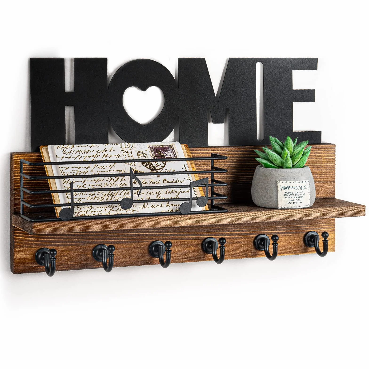 Portachiavi con ripiano, decorazione per la casa, vintage, rustico, organizer da parete per portachiavi, organizer con 6 ganci, portachiavi in legno