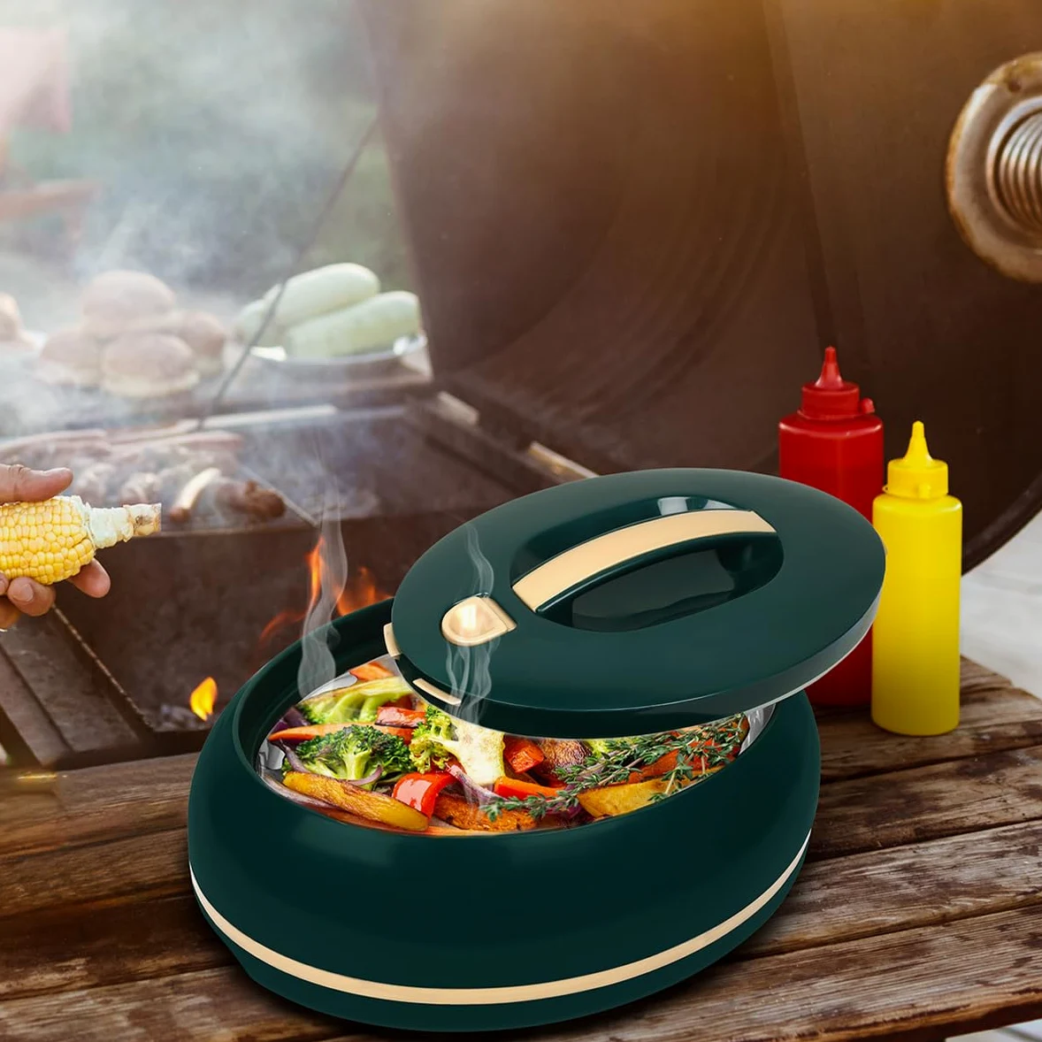 Elegante casseruola ovale isolata, coperchio aperto con una sola mano, 0,9 l, di lusso, scaldavivande, ciotola termica per buffet/feste, contenitore per alimenti caldi in acciaio inox, pino scuro
