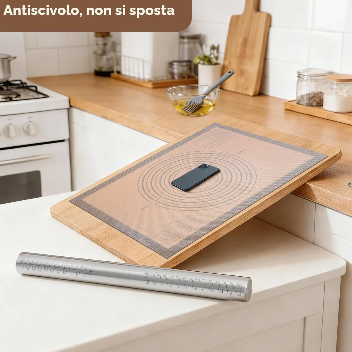 SUPER KITCHEN Mattarello in Acciaio Inox Con 5 Dischi Regolabili Anello, Stuoia di Rolling della Pasticceria del Silicone 50x40cm Antiaderente Tappetino da Forno spianatoia per impastare (Grigio)