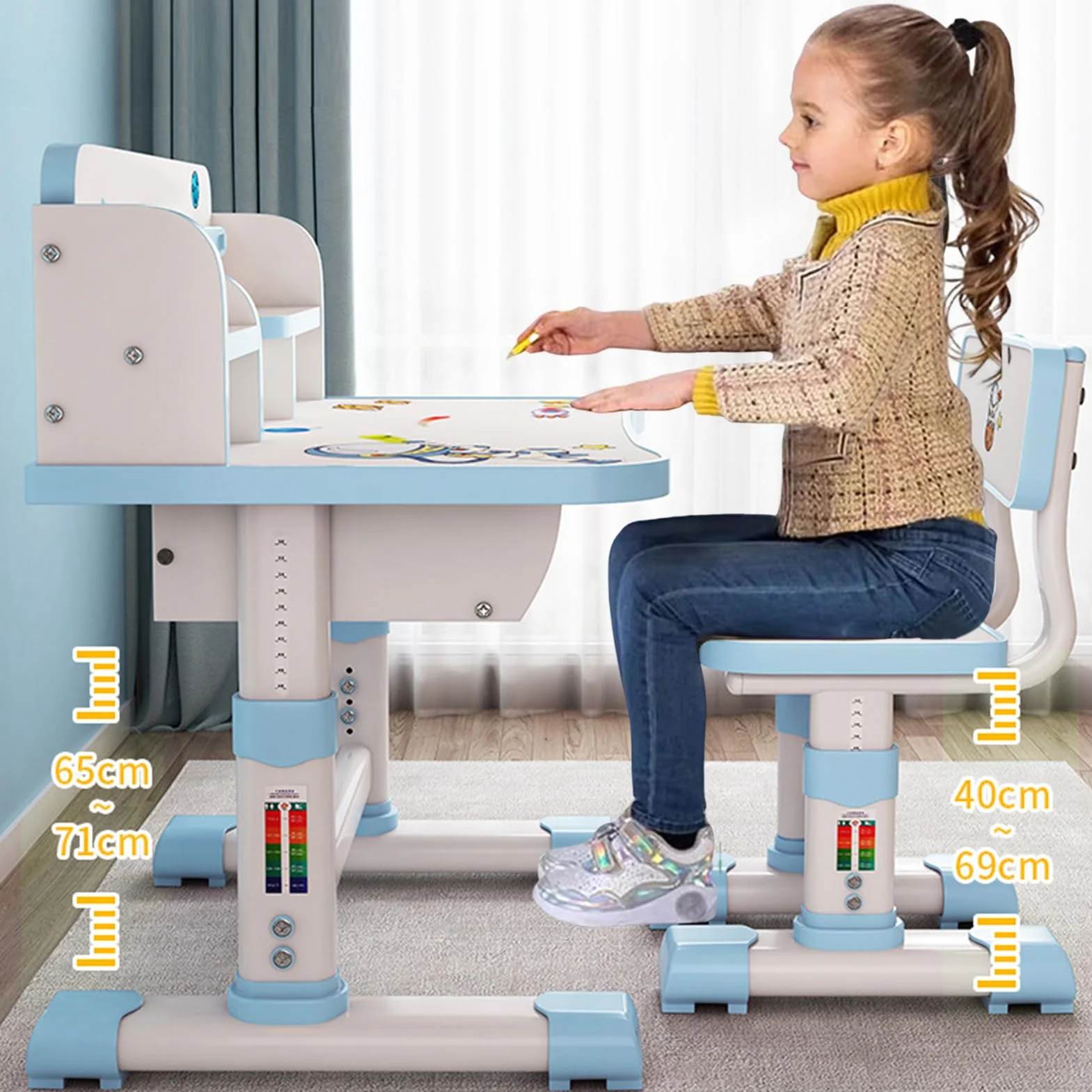 Set di sedie da scrivania per bambini, altezza regolabile, tavolo da studio per bambini, scrivania allargata con scomparto portaoggetti per casa e scuola (bianco e rosa)