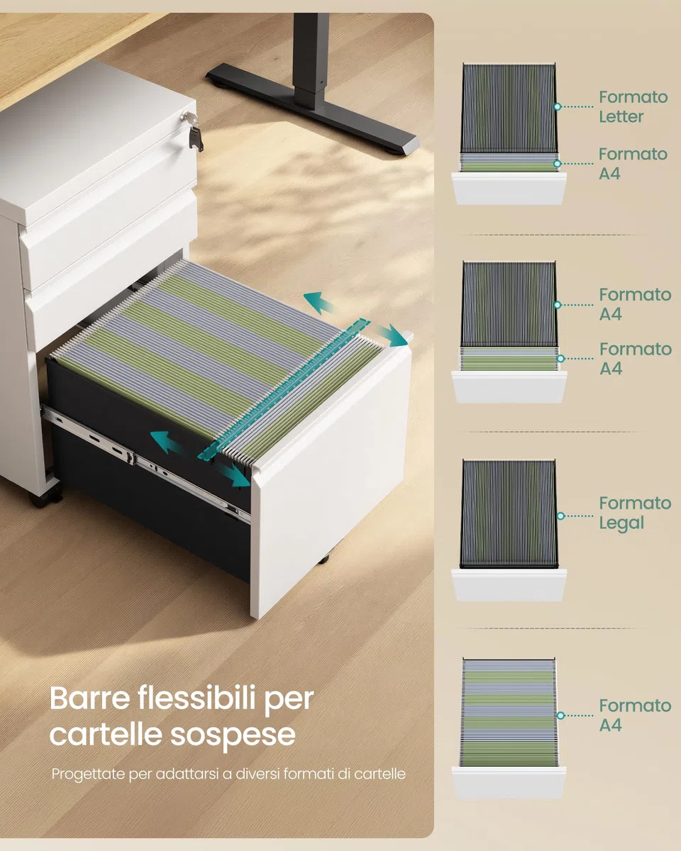 SONGMICS Mobile per Documenti a 3 Cassetti, Cassettiera da Ufficio in Metallo, Acciaio, 3 Cassetti con Serratura, Supporto con Ruote per Stampante, 39 x 50 x 62 cm, Bianco Opaco OFC033W101