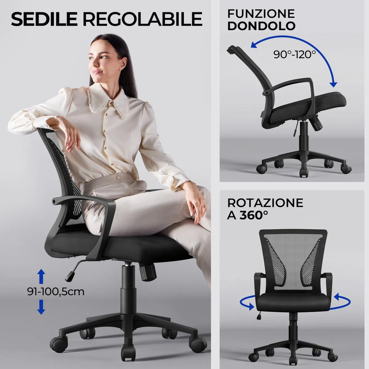 Yaheetech Sedia da Ufficio Scrivania Ergonomica Lombare in Rete Traspirante Reclinabile Altezza Regolabile Girevole con Braccioli e Ruote Portata 136 kg Nera