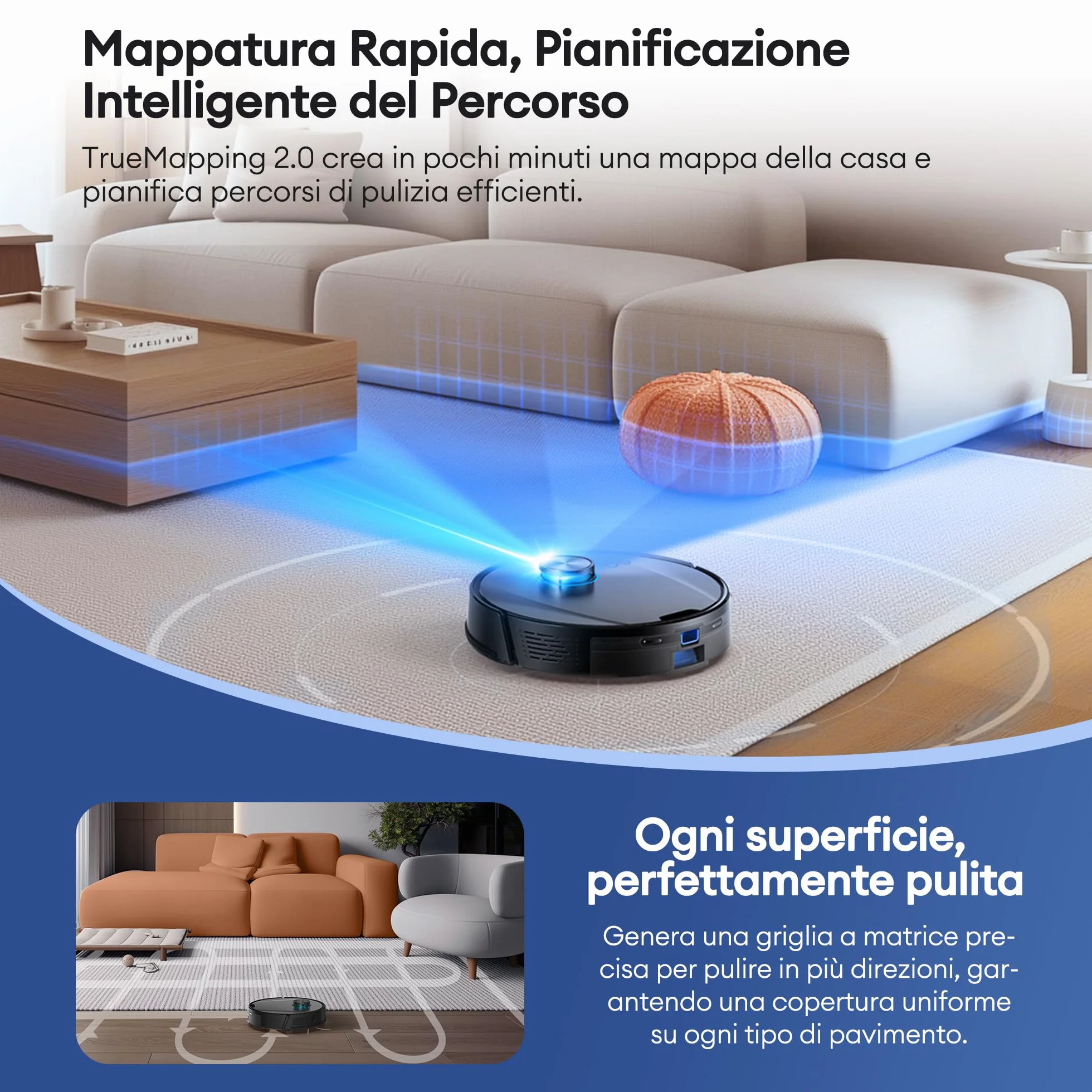 Ultenic T20Pro Robot Aspirapolvere con Laser Lineare Evoluto, Autosvuotamento 10 Settimane, 10000Pa con Boost Automatico Tappeti, Include Detersivo Mughetto, Mappatura LiDAR, Controllo App/Alexa