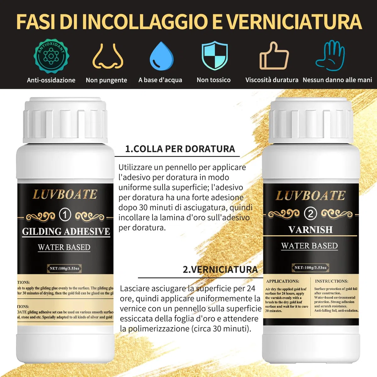 Set di fogli d'oro adesivi, LUVBOATE Set di fogli d'oro, 100ml di adesivo per doratura a base acquosa e 100ml di vernice protettiva, 100 fogli d'oro per arte, pittura, arredamento e decorazione
