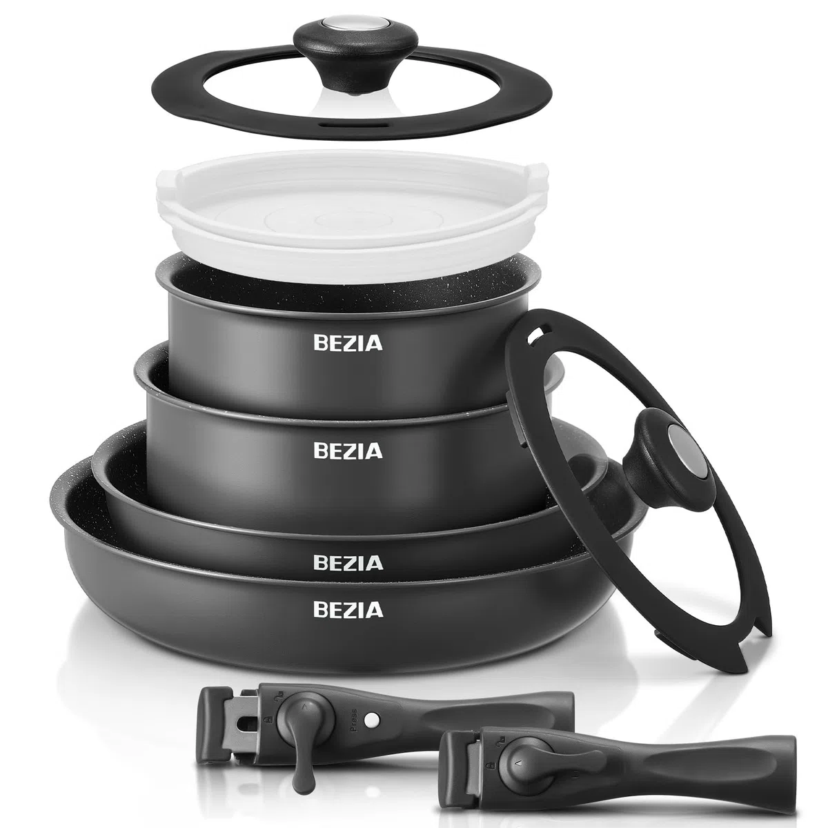 BEZIA Set di Pentole 10 Pezzi, Set Pentole e Padelle con Manico Removibile, Pentole Antiaderente, Impilabile per Camper, Prive Di Sostanze Tossiche, Senza PFOA, Compatibile con Induzione e Gas/Forno