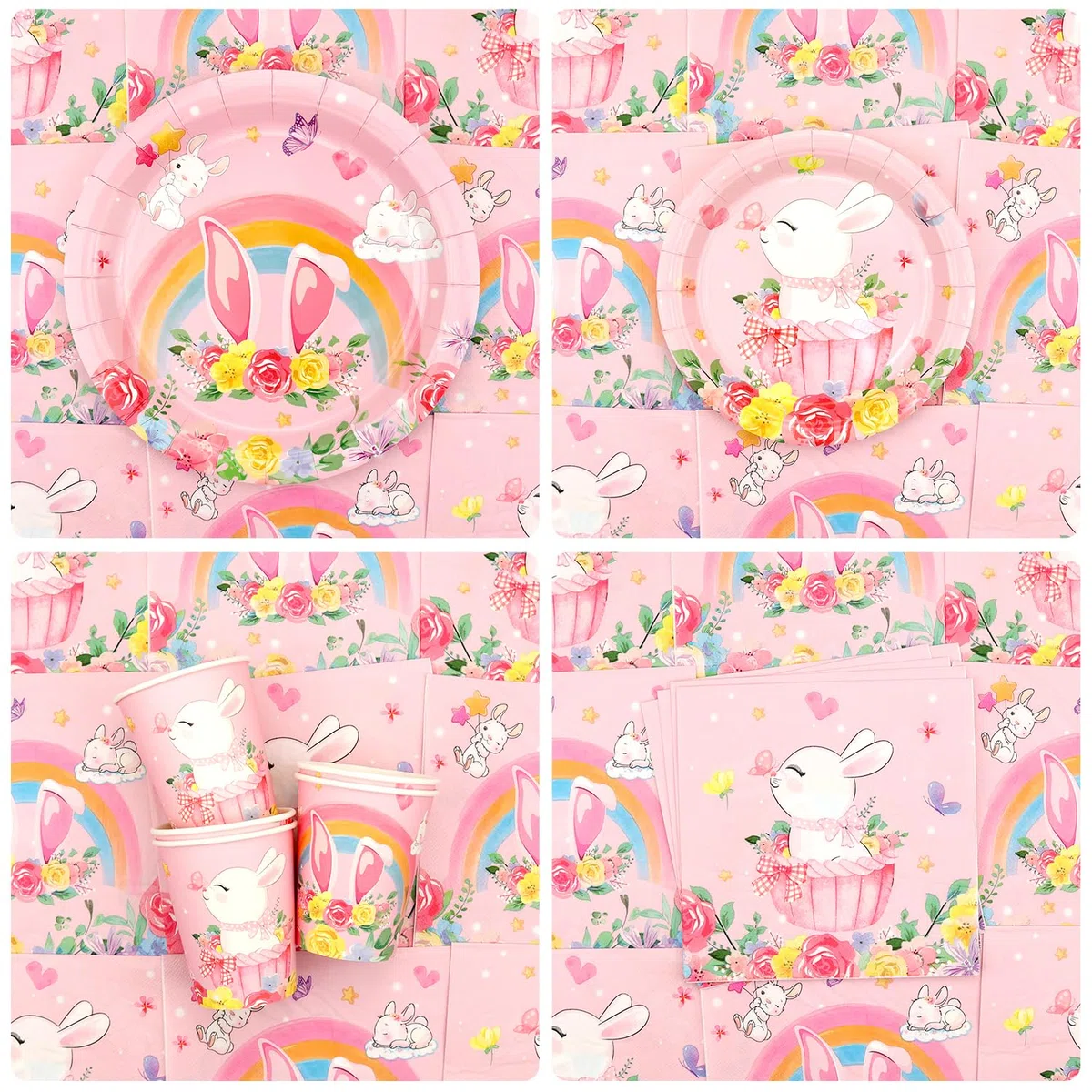 Bunny Decorazioni per feste di compleanno – Accessori per feste con coniglio tra cui striscioni, piatti, decorazioni per torte, bicchieri, tovaglioli, palloncini, tovaglie, per 20 persone (LQ