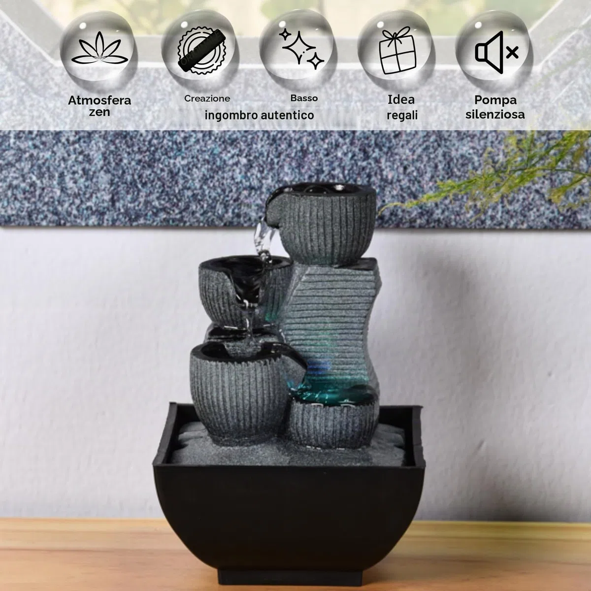 Zen Light - Kini, Fontana da Interno con Pompa e Illuminazione a LED, in Resina, Taglia Unica