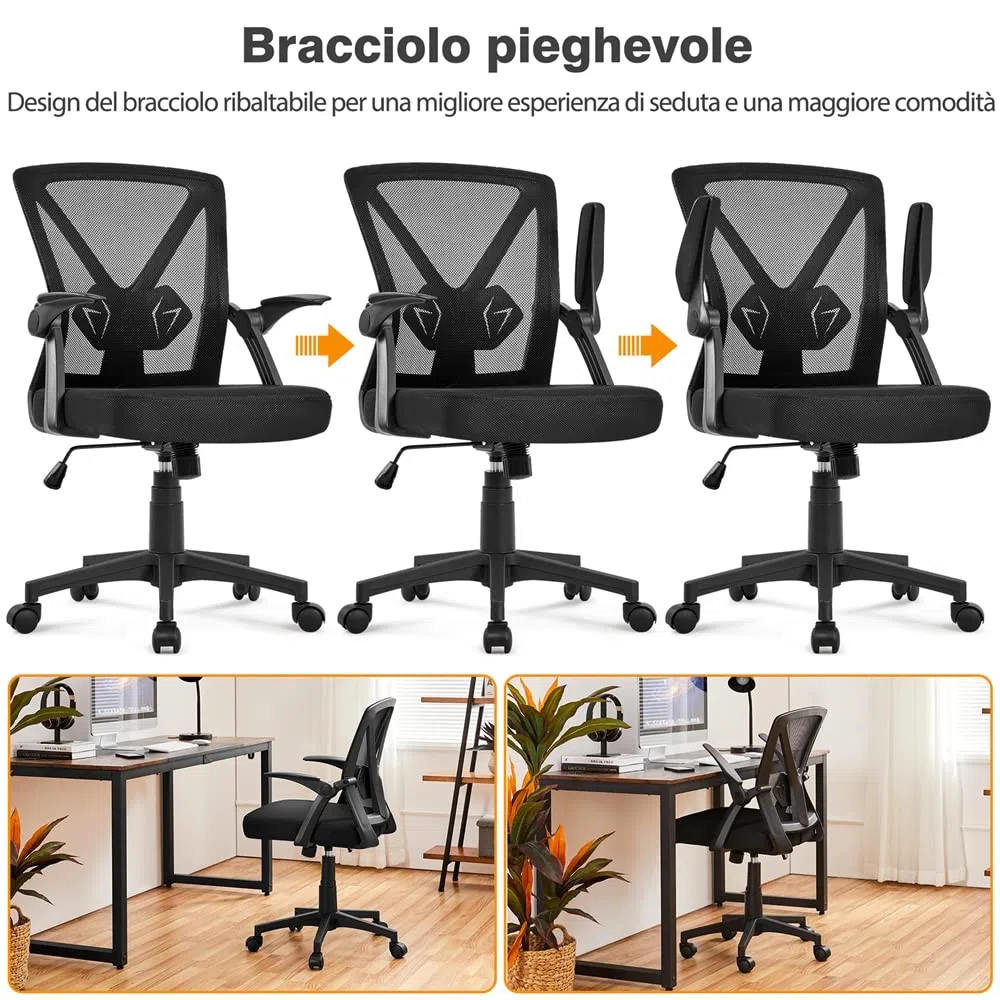 Yaheetech Sedia da Ufficio Scrivania Ergonomica Lombare con Braccioli Altezza Regolabili Ruote Girevoli Schienale in Rete Traspirante Portata 136 kg Nera