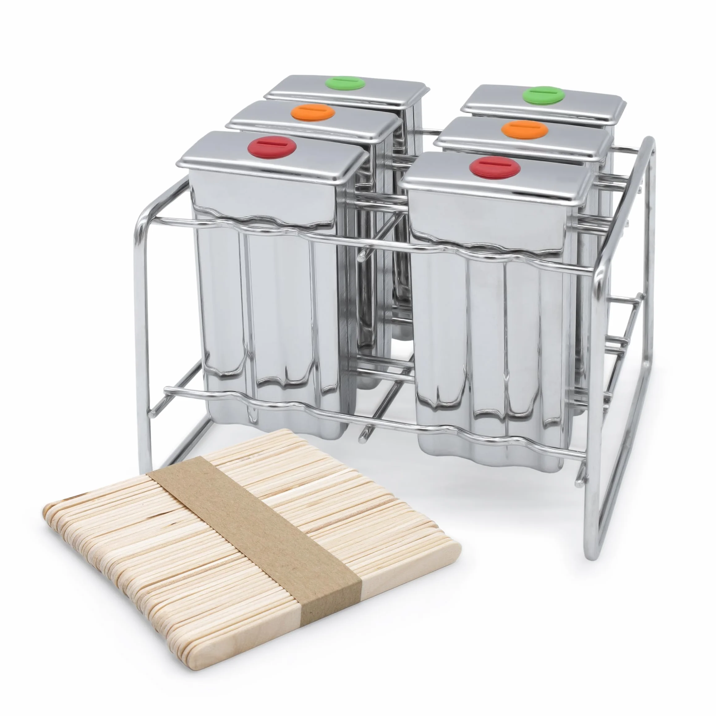 Stampi per gelato in acciaio inox riutilizzabili, con 50 picchetti in legno, set da 6 pezzi, stampi popsicle con supporto in metallo, per ghiaccio sul manico, lavabili