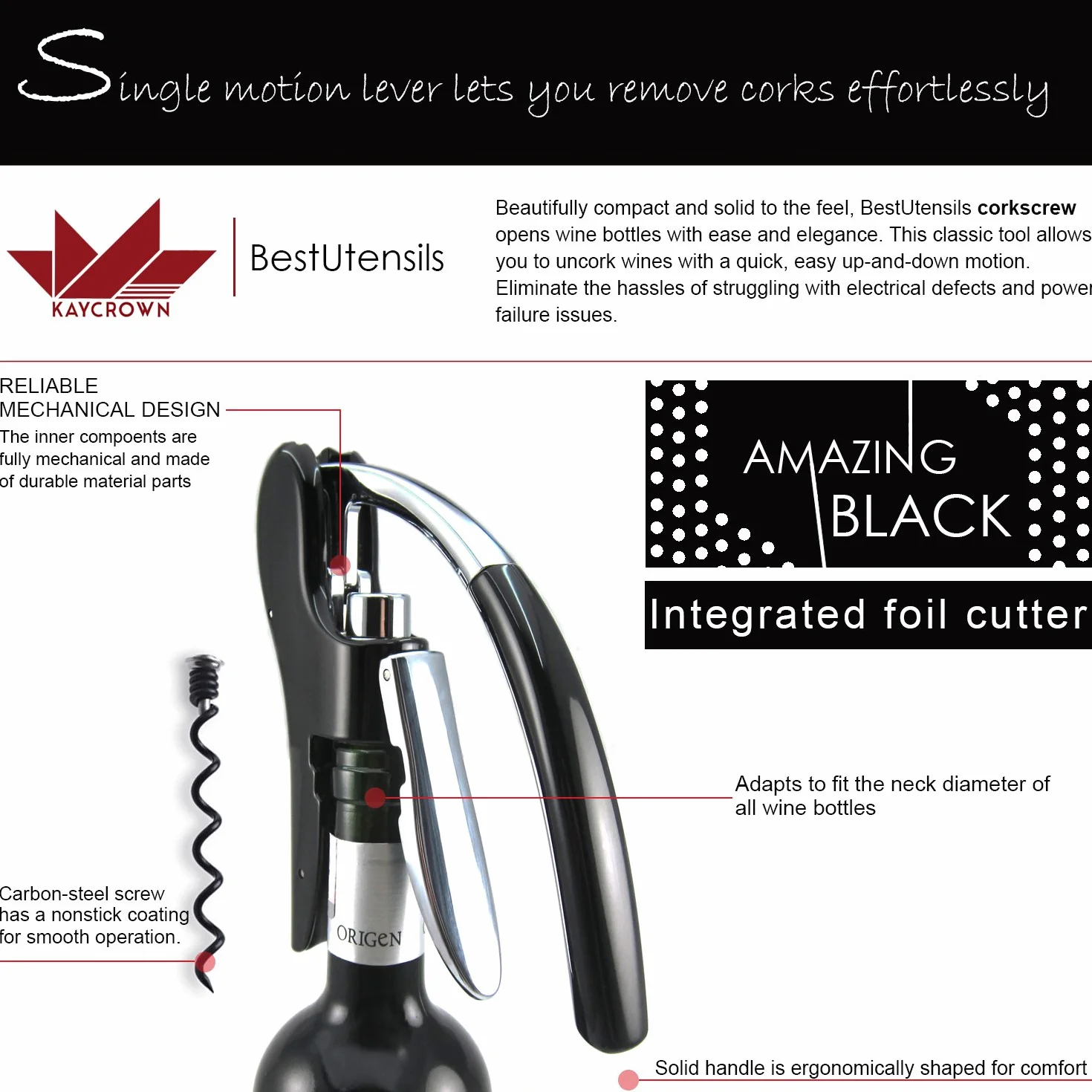 BestUtensils Kit apribottiglie professionale, in lega di zinco, con leva, tagliacapsule incluso Black