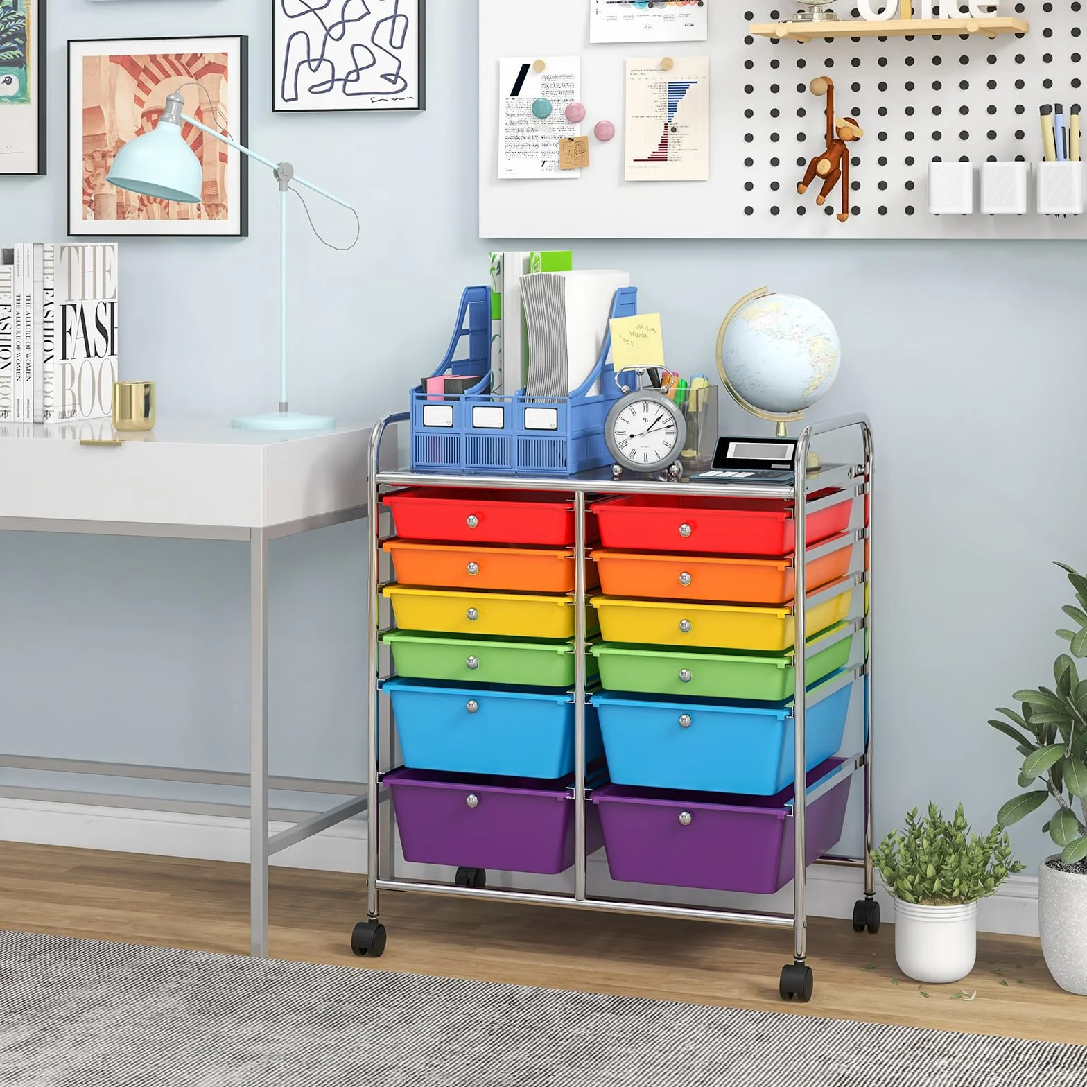 COSTWAY Carrello con 12 Cassetti con Ruote, Carrello di Stoccaggio Multiuso con Ampio Spazio di Archiviazione, Ideale per Casa Ufficio Domestico, 73,5 x 37 x 63 cm (Colorato)