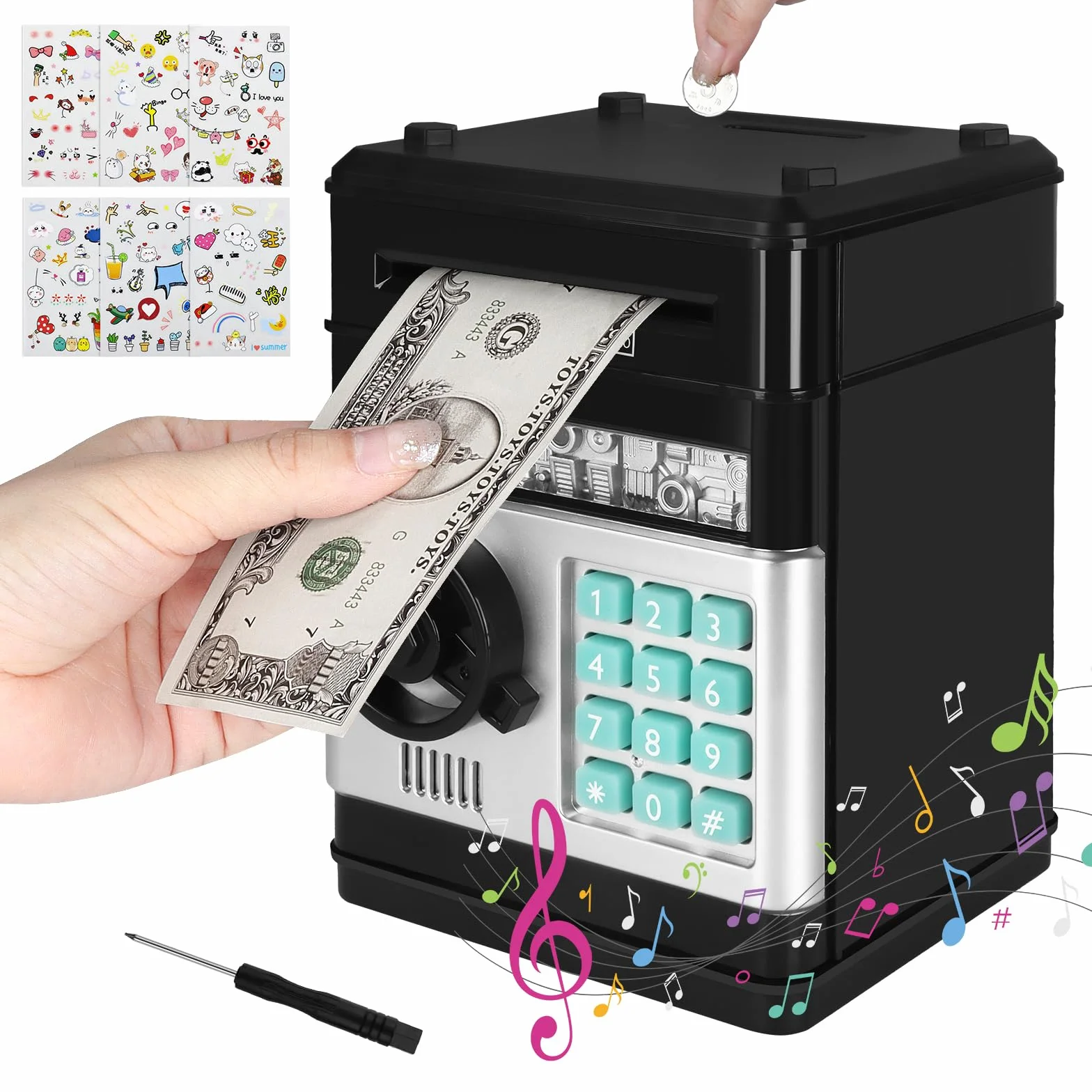 UCAMP Salvadanaio elettronico,salvadanaio digitale ATM con password e accettazione automatica di banconote,inclusi 6 adesivi,cacciavite,regalo per bambini e bambine dai 3 ai 12 anni (nero)