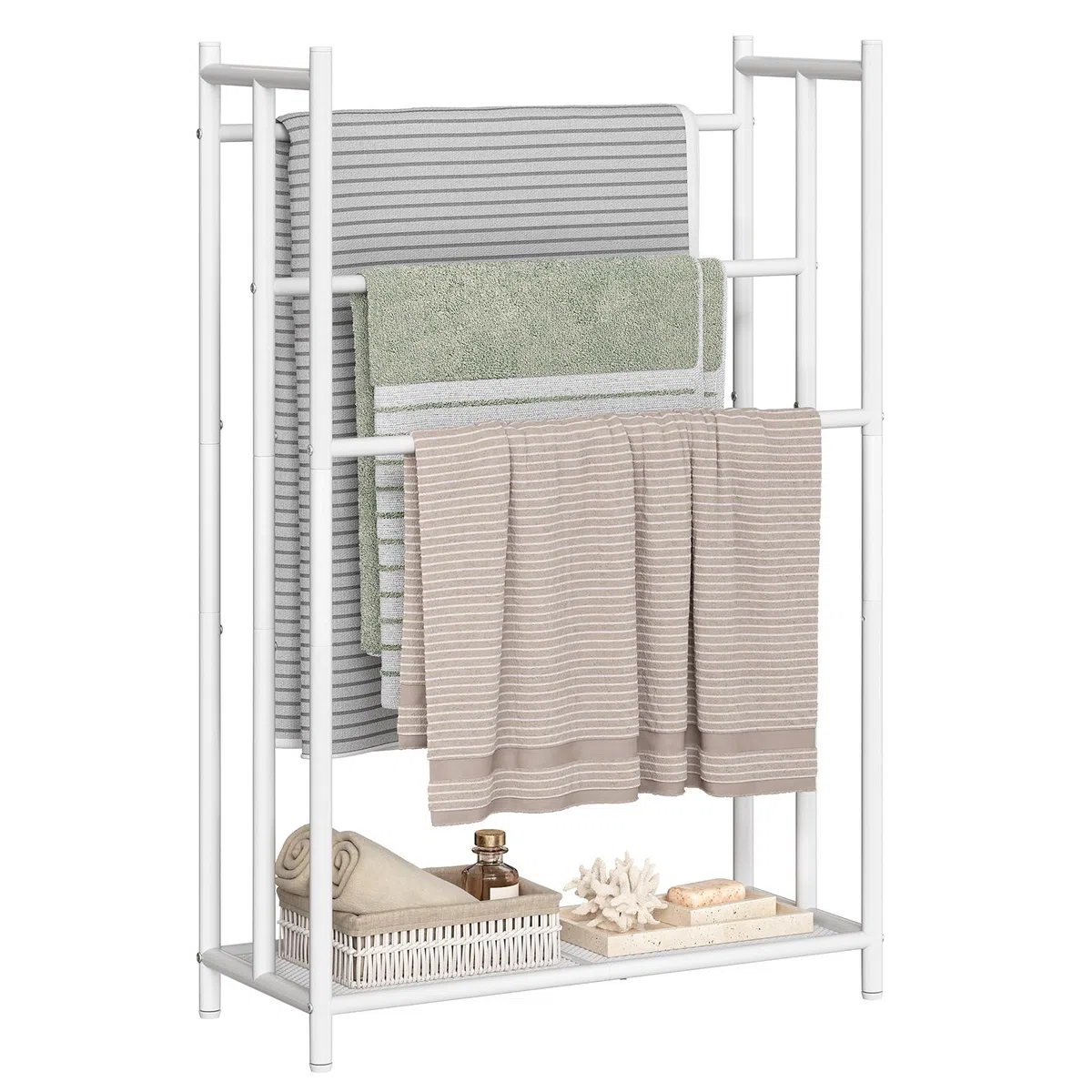 HOOBRO Portasciugamani da Terra, Portasalviette Bagno a 3 Livelli con Ripiani a Scala, Base in Rete con Piedini Regolabili, Scaffale Multiuso per Bagno e Casa, Bianco EWT09LB01