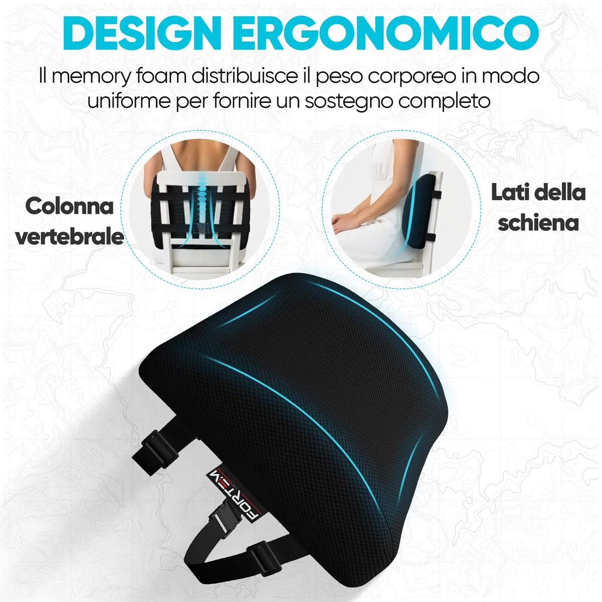 FORTEM Cuscino Lombare Sedia Ufficio, Supporto Lombare Auto, Cuscino Schiena, Schienale Sedia Ufficio Ergonomico in Memory Foam, Fodera Traspirante e Lavabile, Cinghia Regolabile, per Gaming e Lavoro