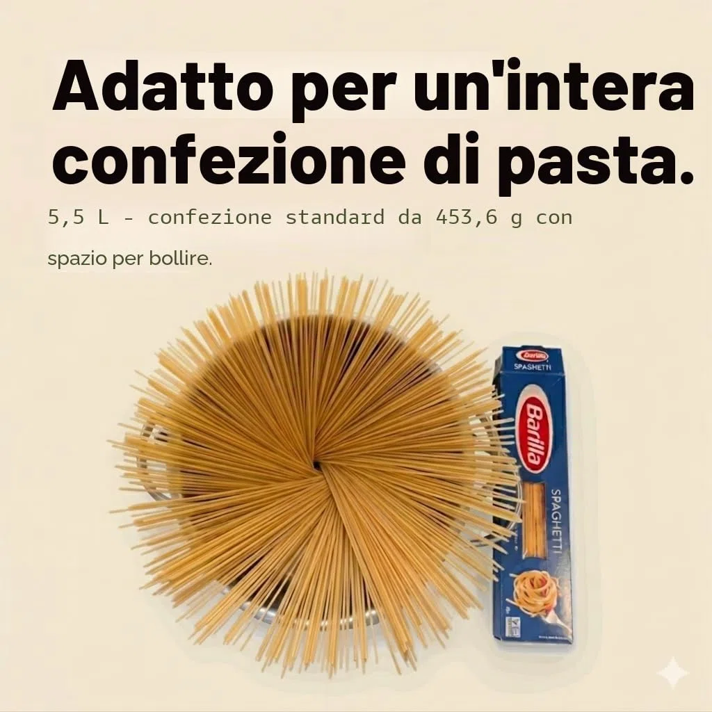 Pentola per pasta in acciaio inox con coperchio con colino bloccabile, grande capacità da 5,5 litri, torsione e blocco per un facile svuotamento e senza bisogno di scolapasta o inserto per colino,