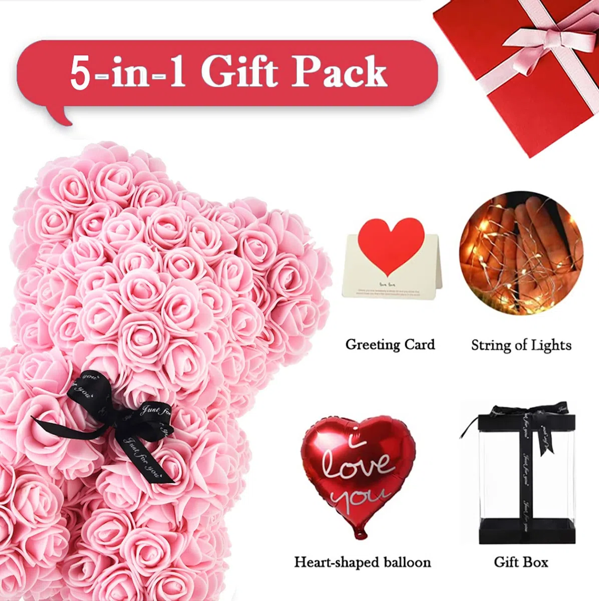 Orsetto Rosa Fiore Regalo Donna, Regali di San Valentino, Orso Rosa Regali per Lei, Rose Teddy Bear con luci, Regali di compleanno per Ragazza con Confezione Regalo Trasparente e Biglietto d'amore