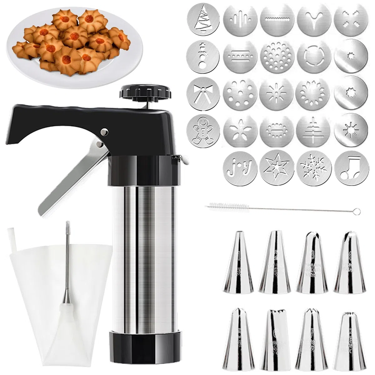 Pressa per Biscotti, Pistola per Dolci In Acciaio Inox Spara Biscotti Professionali con 16 Sagome, 8 Beccucci, Sacchetto in TPU e Spazzola per la Pulizia Pressa per Biscotti per Torte