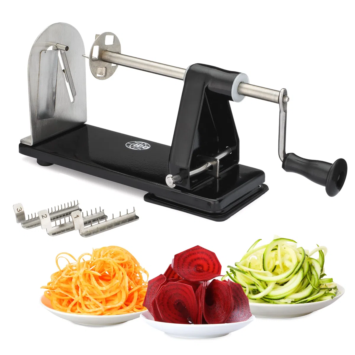Spiralizzatore di Verdure ICO in Acciaio con 3 Lame Intercambiabili e 1 Lama a Nastro Integrata, Taglia Zucchine Spaghetti Professionale, Tecnologia Antiscivolo, Spaghetti di Zucchine Attrezzo