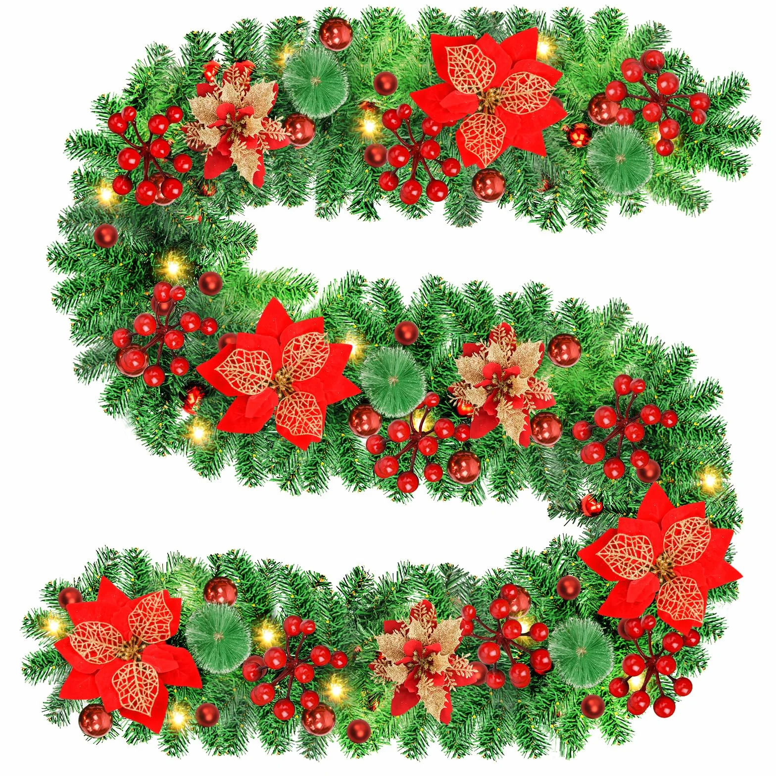 Ghirlanda Natalizia, 2.7M/9 Piedi Decorazioni Natalizie Ghirlande Natalizie con Luci 30LEDs, Festone Natalizio Artificiale per Esterno & Interno, Festoni Natalizi Addobbi Natale per Porta,Camini,Scale