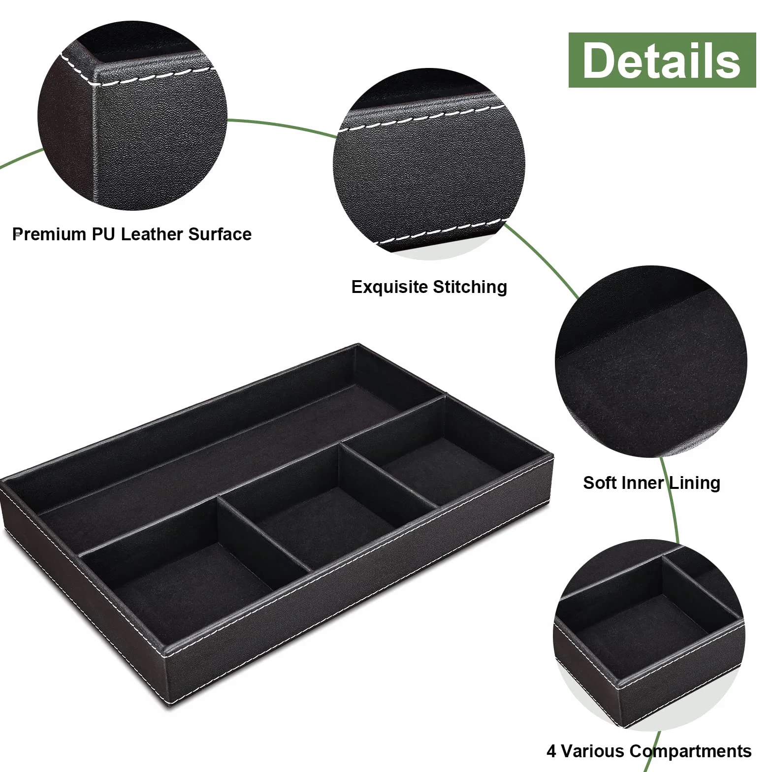GORESE Svuotatasche in Pelle, Organizer per Cassetti Scrivania da Ufficio Vassoio Portaoggetti PU Tray con 4 Scomparti, Vassoio Organizer per Chiavi, Occhiali, Portafoglio, Monete, Gioielli (Nero)