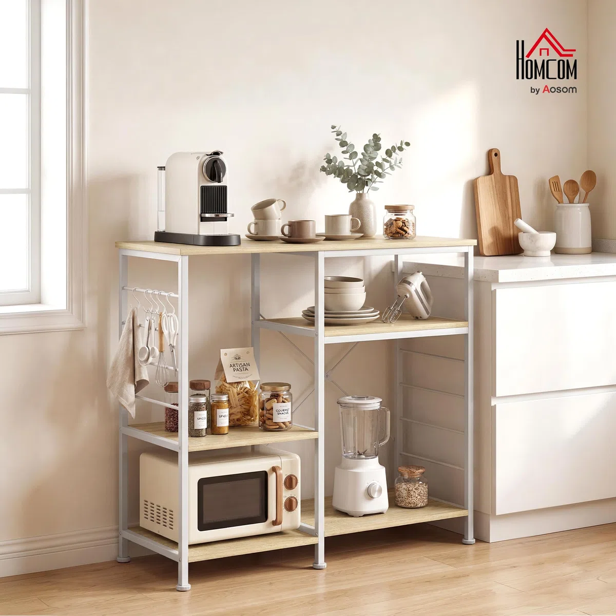HOMCOM Scaffale Cucina con Ripiani, Scaffale Portaoggetti Salvaspazio in Legno e Metallo con 5 Ganci a S e Piedini Regolabili, per Spezie, Pentole e Padelle, 90x39x83.5 cm, Rovere