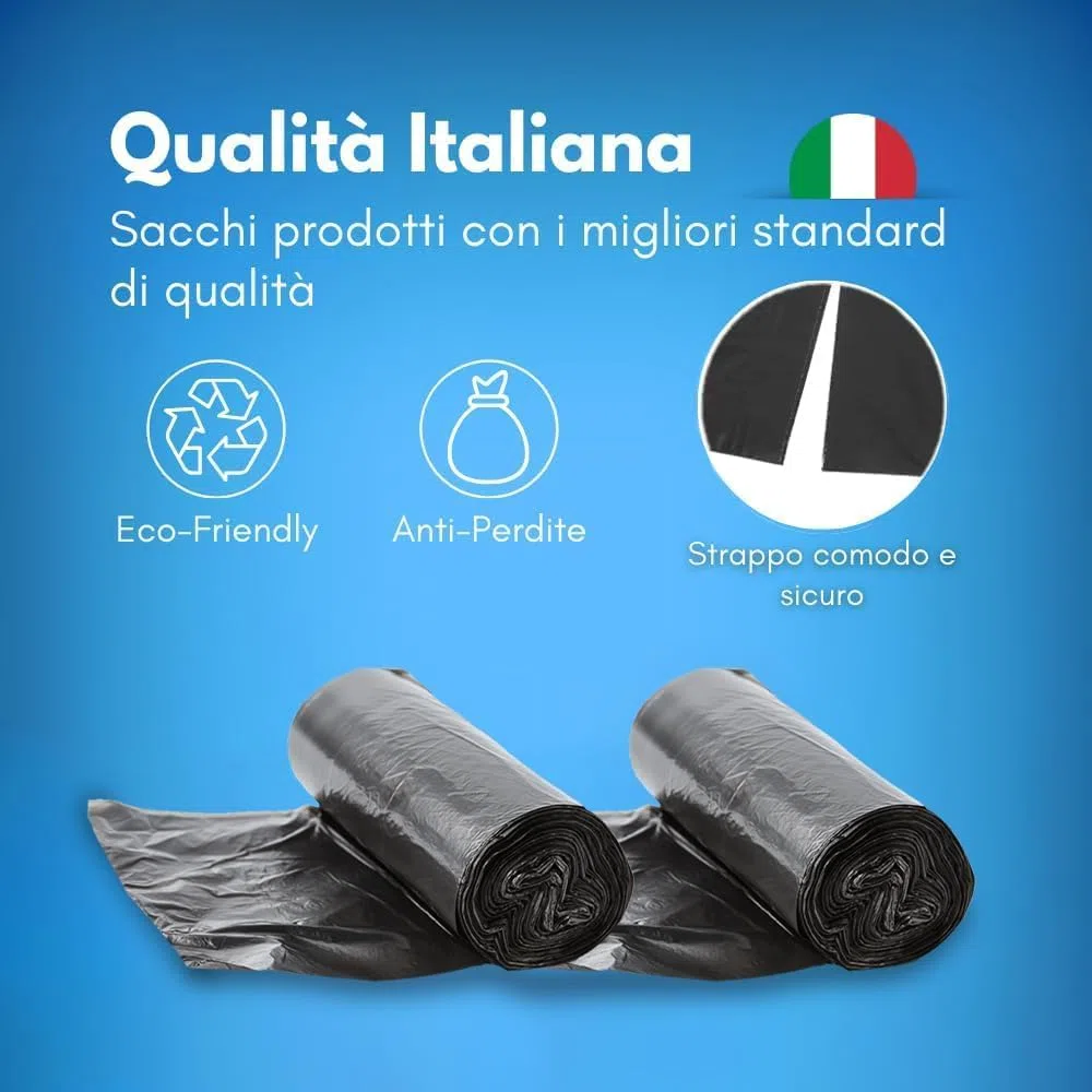 GM 120 Sacchi Spazzatura 70x110 cm, Colore NERO, Capacità 110 Litri, Media Resistenza, Antigoccia, Sacchetti per Raccolta Indifferenziata, Fatti in plastica LDPE Made in Italy, 6 Rotoli da 20 Pezzi