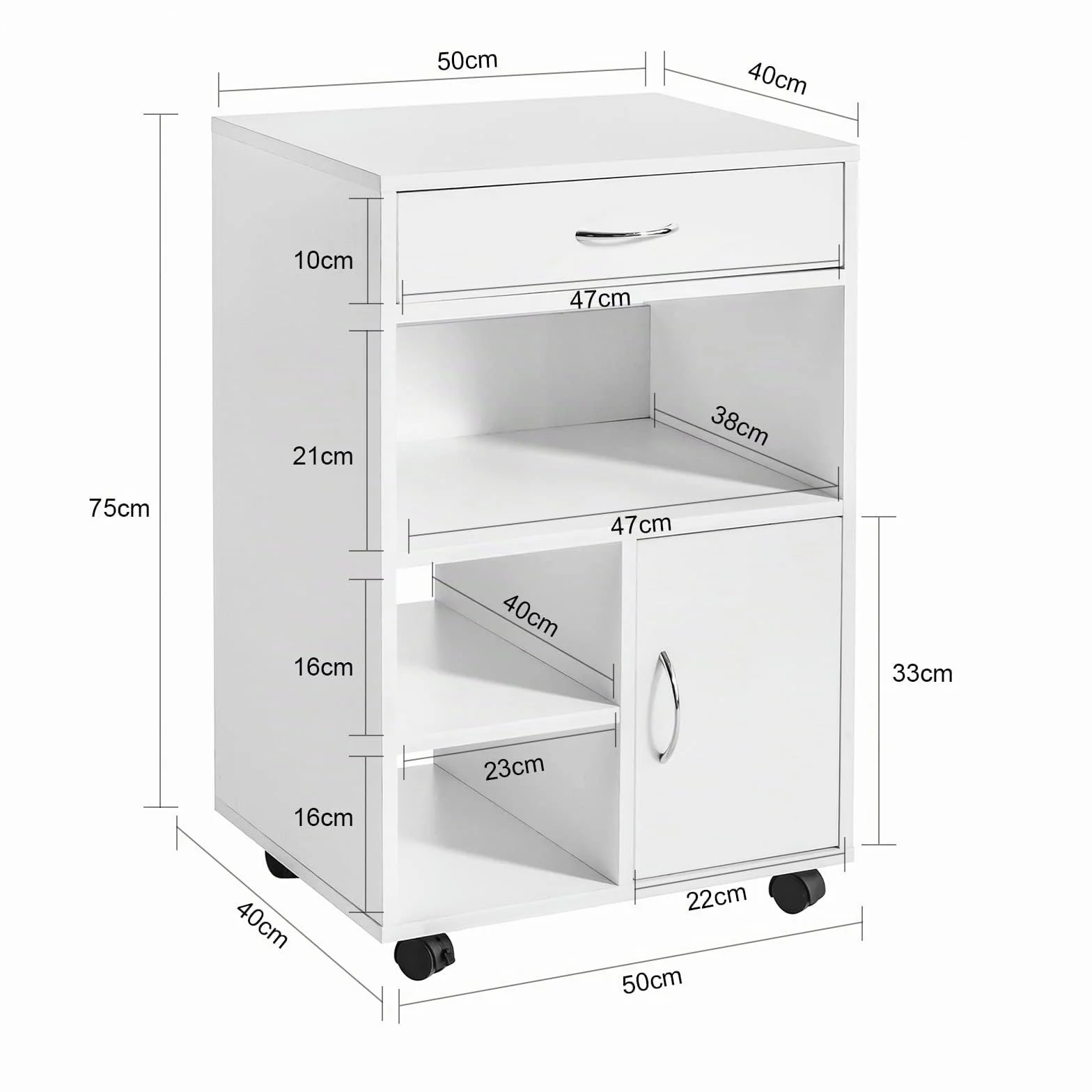 SoBuy Cassettiera Ufficio Cassettiera Scrivania con Ruote Porta Stampante Schedario da Ufficio con Cassetto, Anta e Ripiani Tavolino Salvaspazio Bianco 50x40x75cm FBT106-W