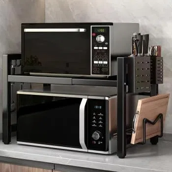 Mensola da cucina espandibile a 2 livelli, regolabile in piedi, per microonde, da 40 a 60 cm, per piano di lavoro, scaffali da forno, nero