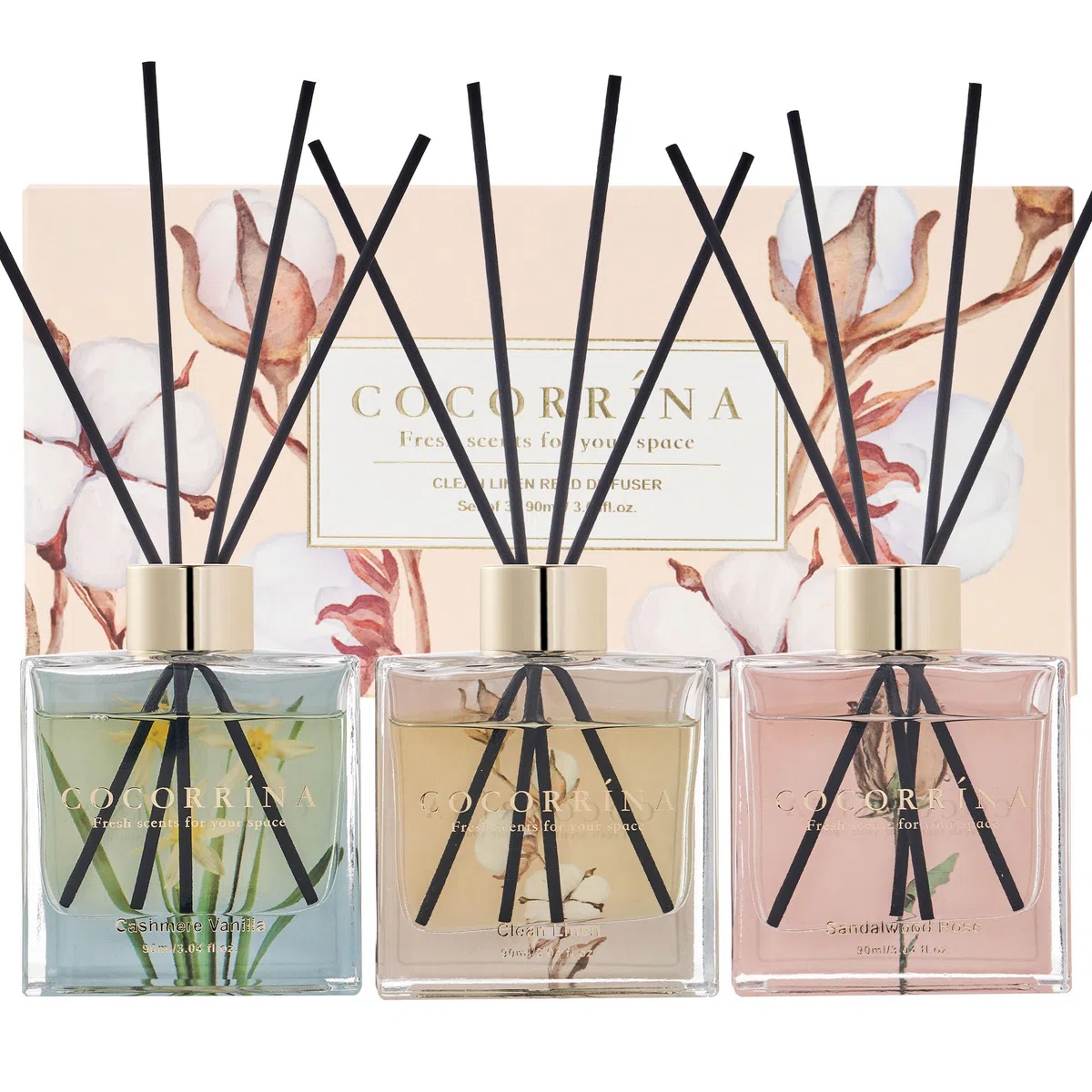 COCORRÍNA Profumatore per Ambienti, 3 Pack/ 90ml Cashmere Vaniglia/Sandalo Rosa/Lino Pulito Diffusore Profumo Ambiente con 24 Bastoncini, per Bagno, Appartamento, Decorazione della Casa