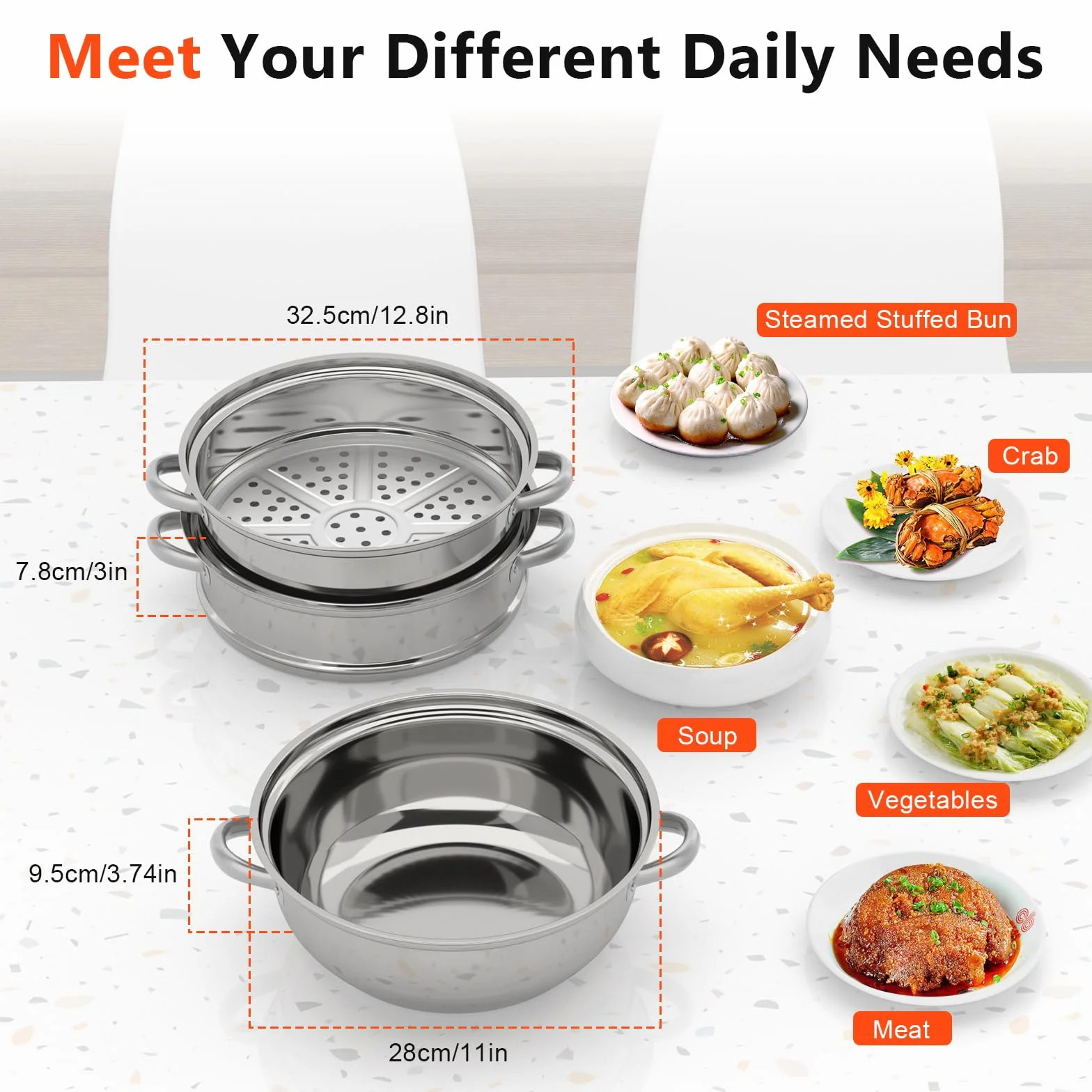 Steamer a 3 strati da 28 cm, pentola a vapore con manici Steamery, vaporiera impilabile con coperchio in vetro per la casa, pentola per cucinare a vapore in acciaio inox per gas, elettrico, induzione