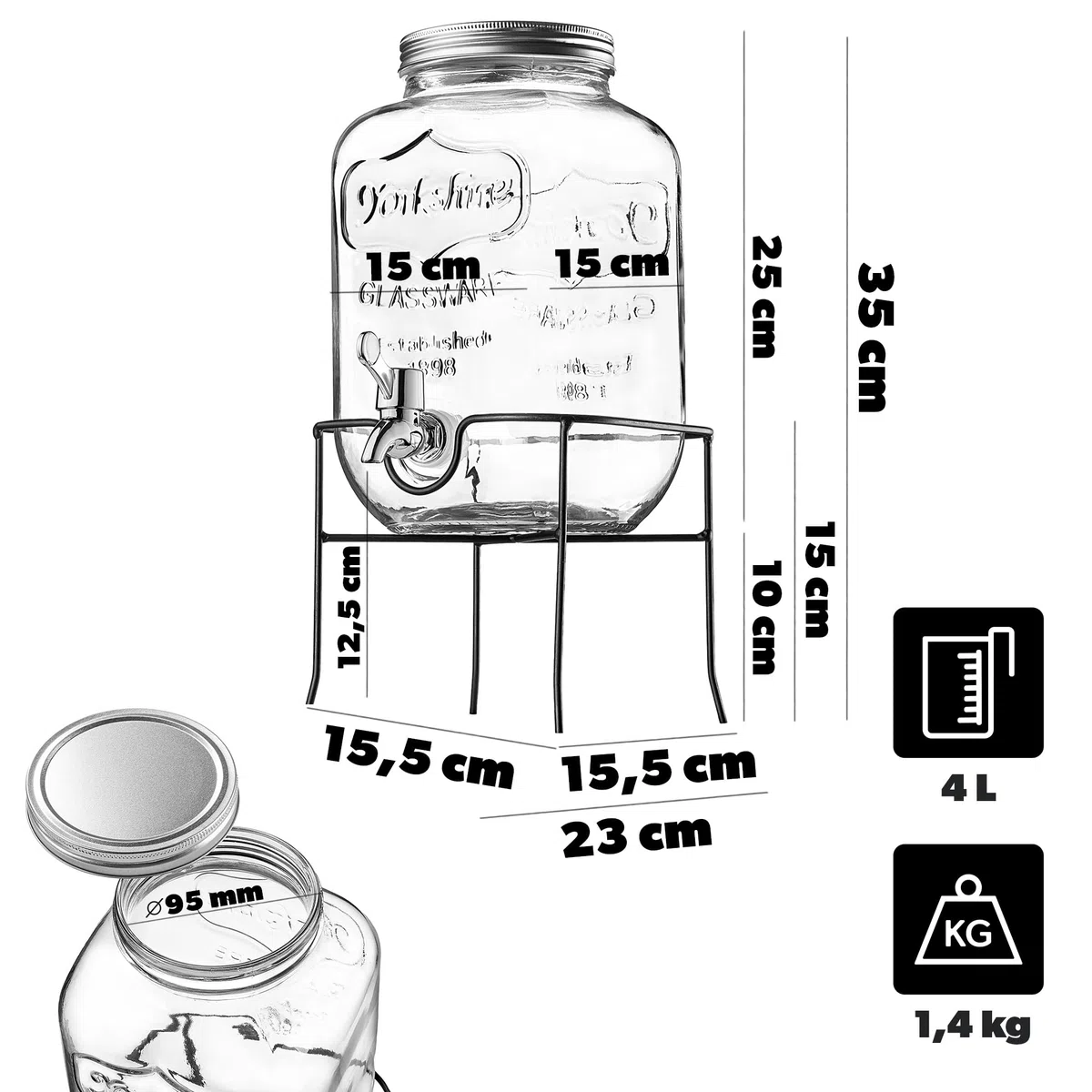 KADAX Distributore di bevande 4L con supporto, dispenser di succo in vetro, erogatore di acqua con rubinetto e coperchio, distributore di limonata, dispenser per bevande fredde (modello 3)