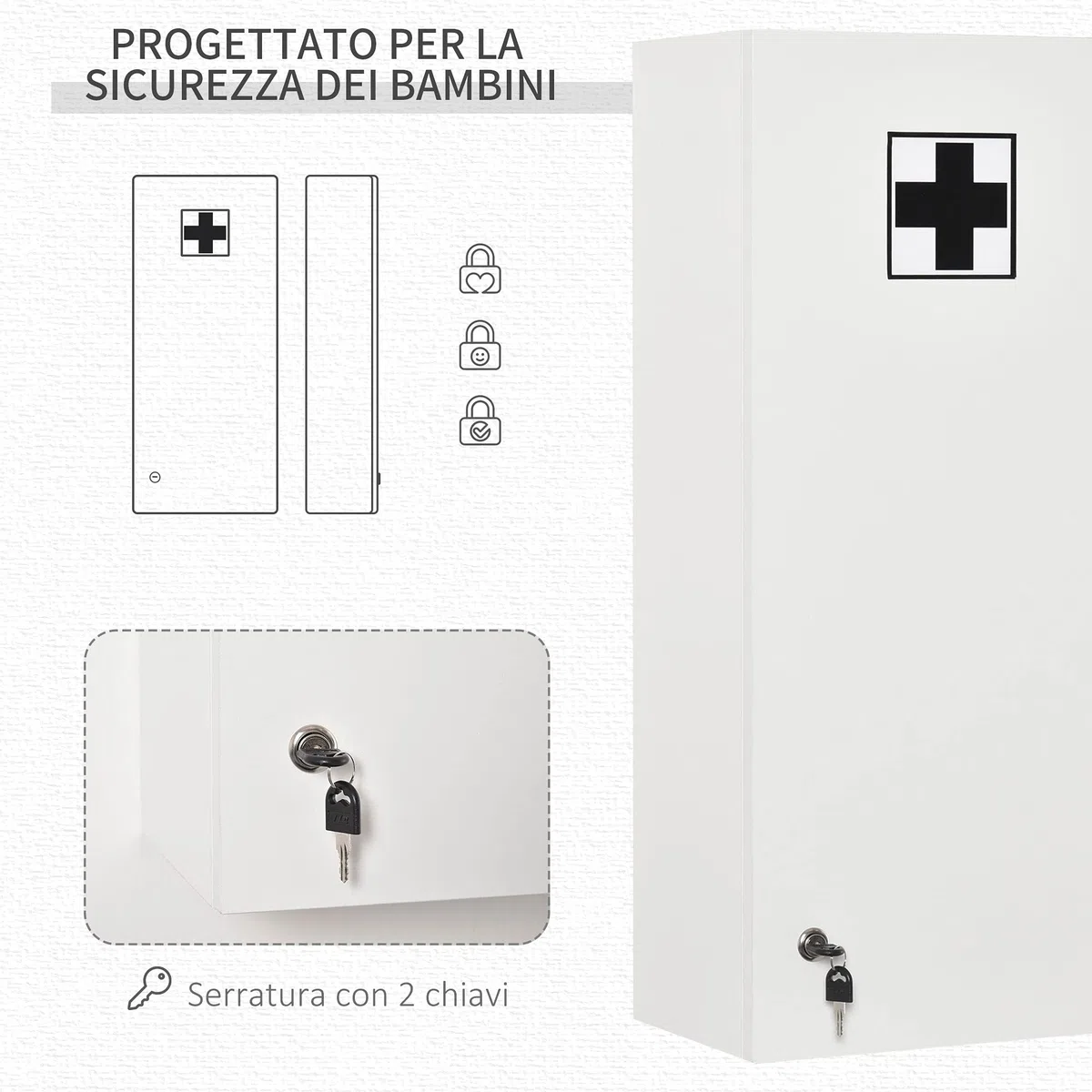 kleankin Armadietto Medicinali a Muro con Serratura, 5 Ripiani e Mensole Regolabili, in Legno e Vetro, Bianco, 30x20x70cm