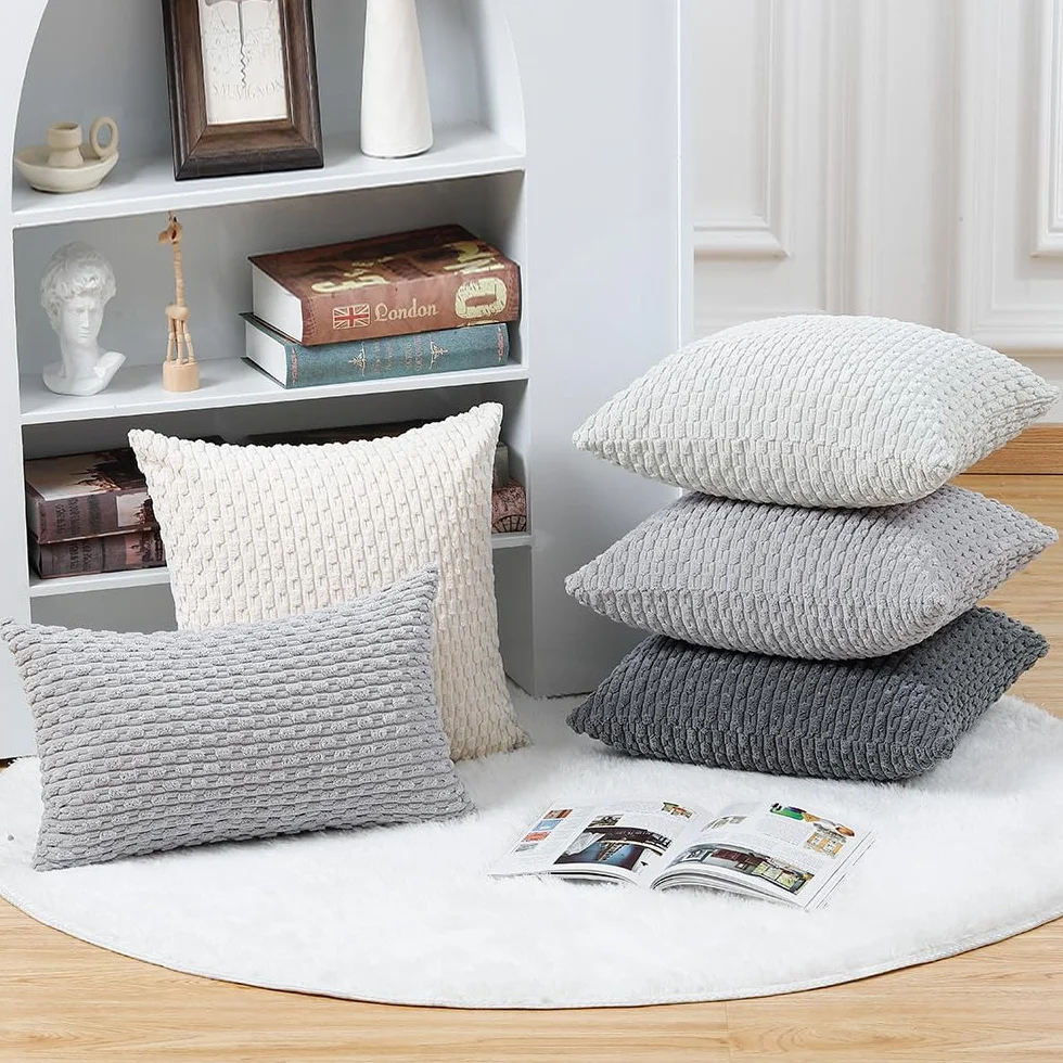 Madizz 2 Pezzi Fodere in Velluto a Coste a Righe Boho Fodere per Cuscino Decorativa Morbida per Divano Camera da Letto Guscio del Cuscino Bianco crema Quadrata 40 x 40 cm
